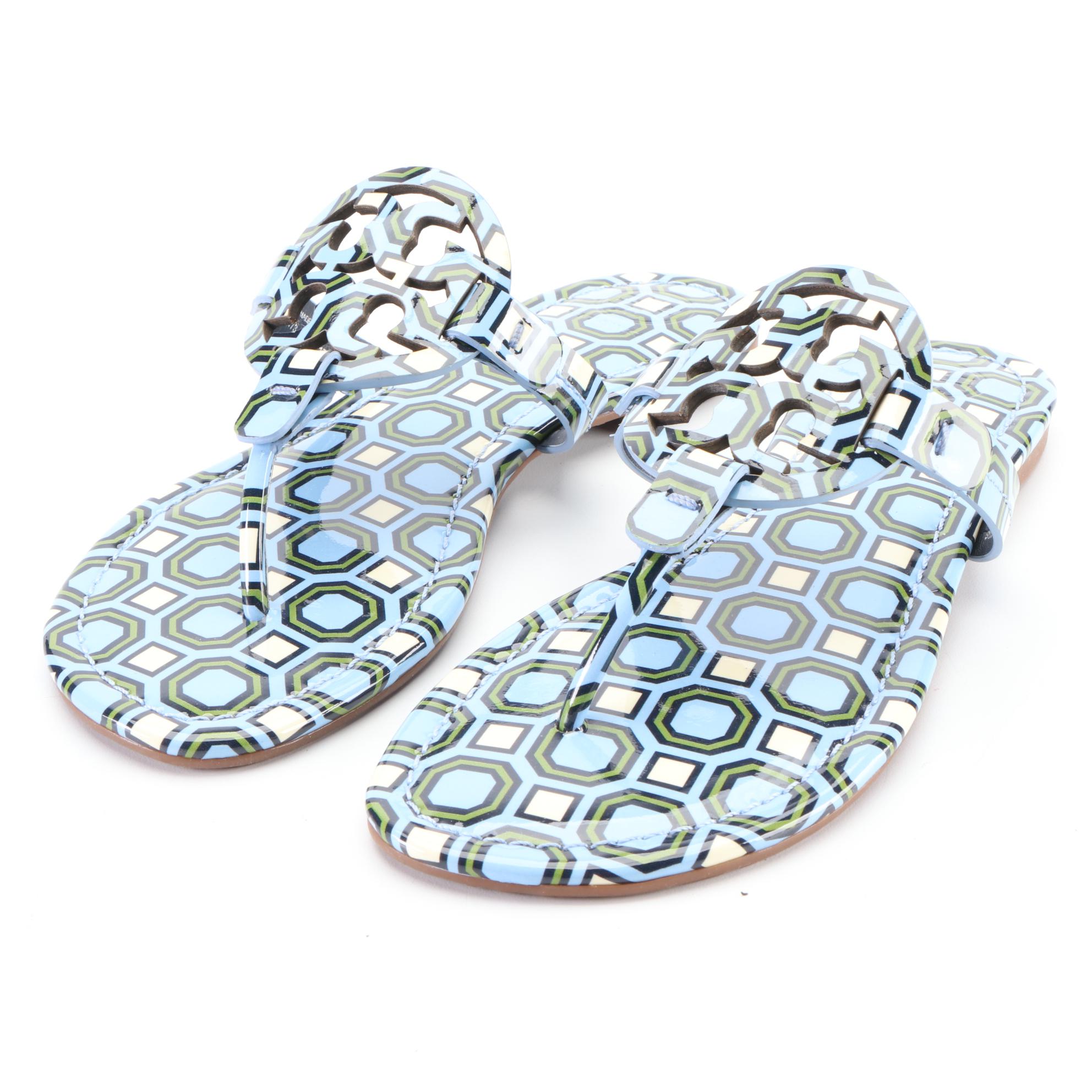 Tory Burch Liberty Patterned Patent Leather Flat Sandals with Box