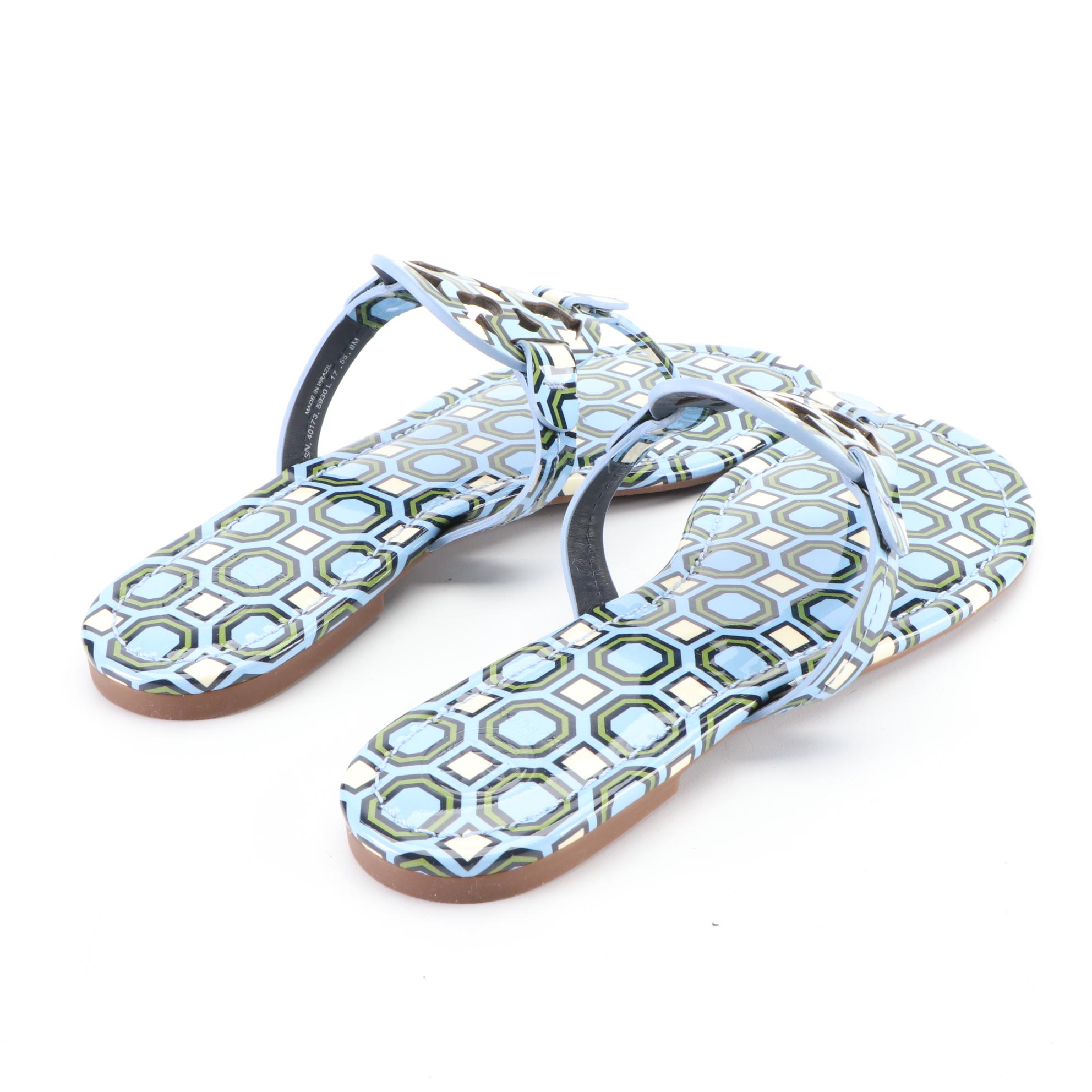 Tory Burch Liberty Patterned Patent Leather Flat Sandals with Box