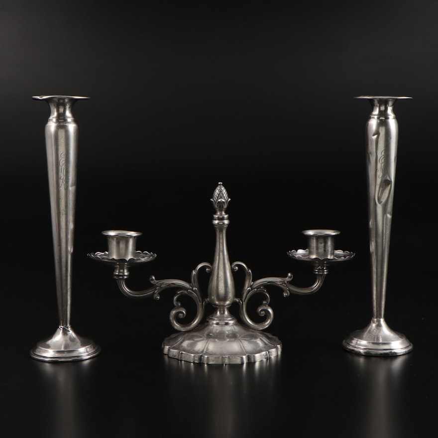 Webster Weighted Sterling Silver Candle Holder with Sterling Weighted Bud Vases