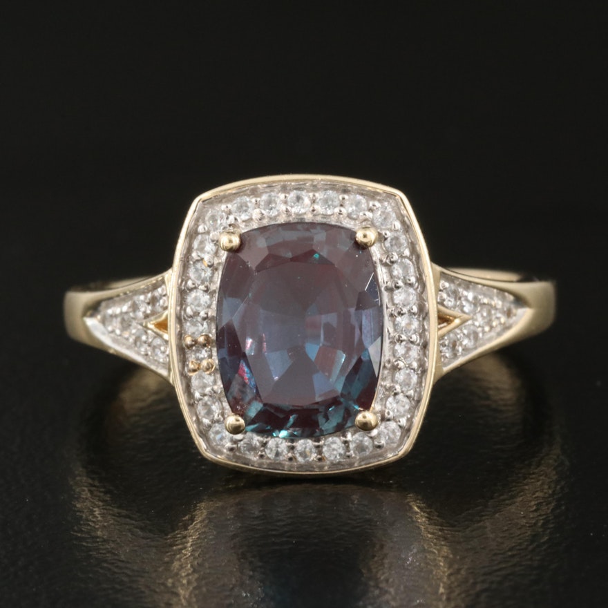 10K Alexandrite, Zircon and Diamond Halo Ring