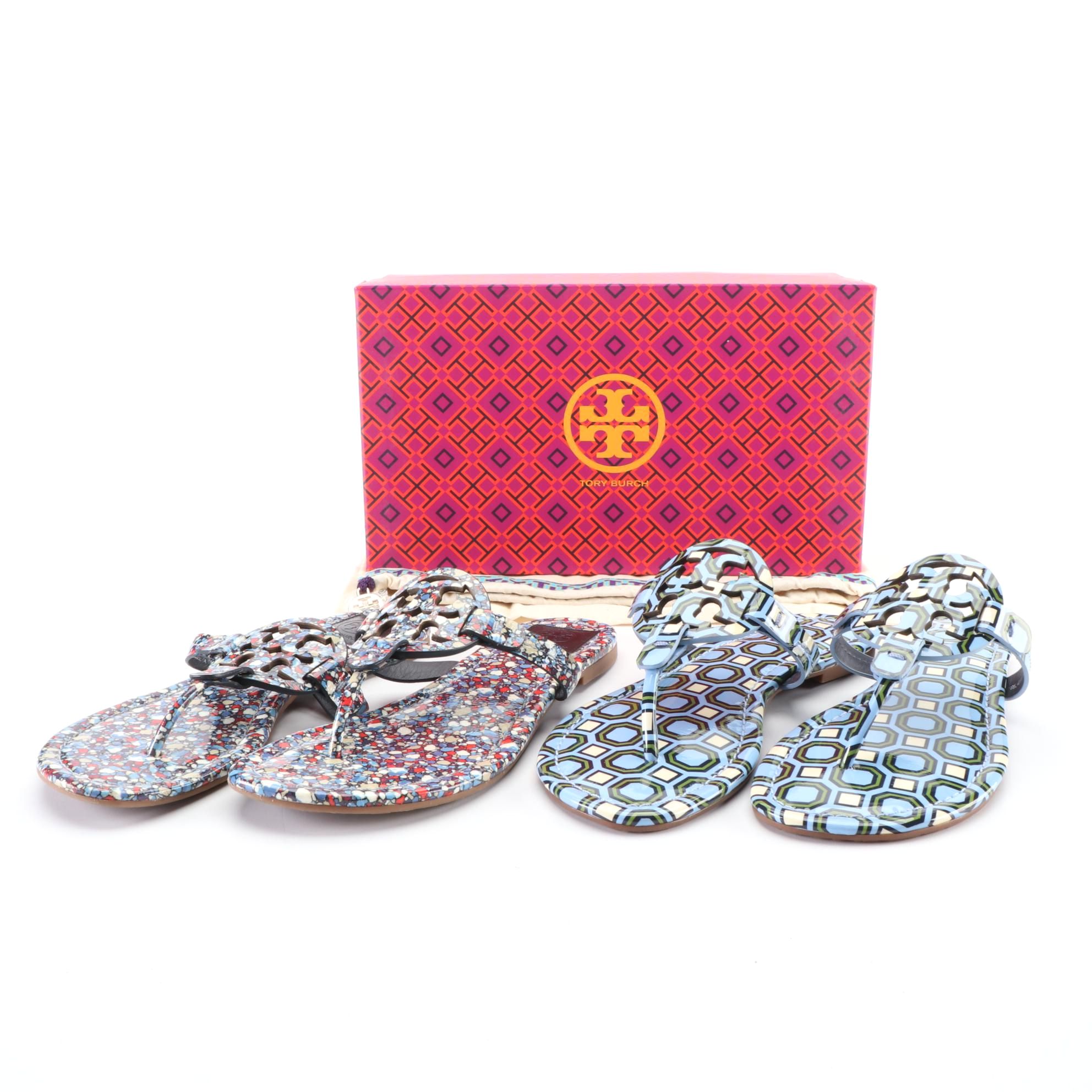 Tory Burch Liberty Patterned Patent Leather Flat Sandals with Box