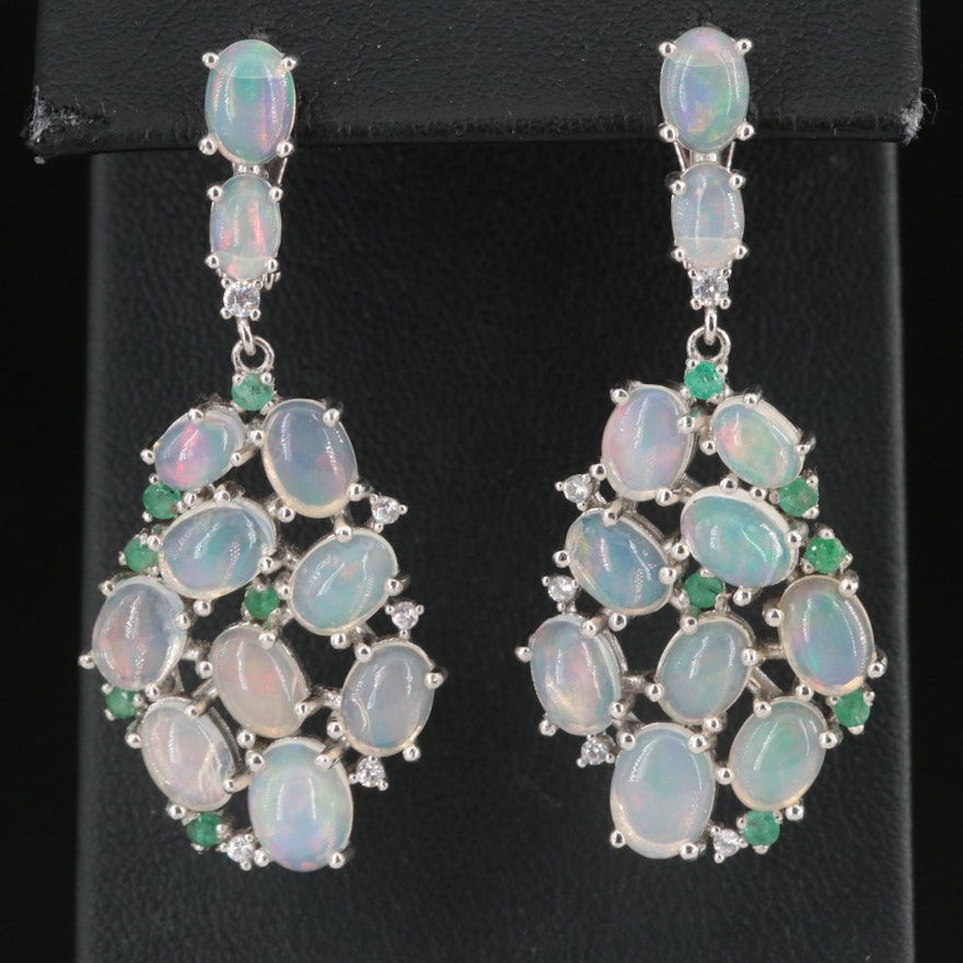 Sterling Opal and Emerald Cluster Earrings