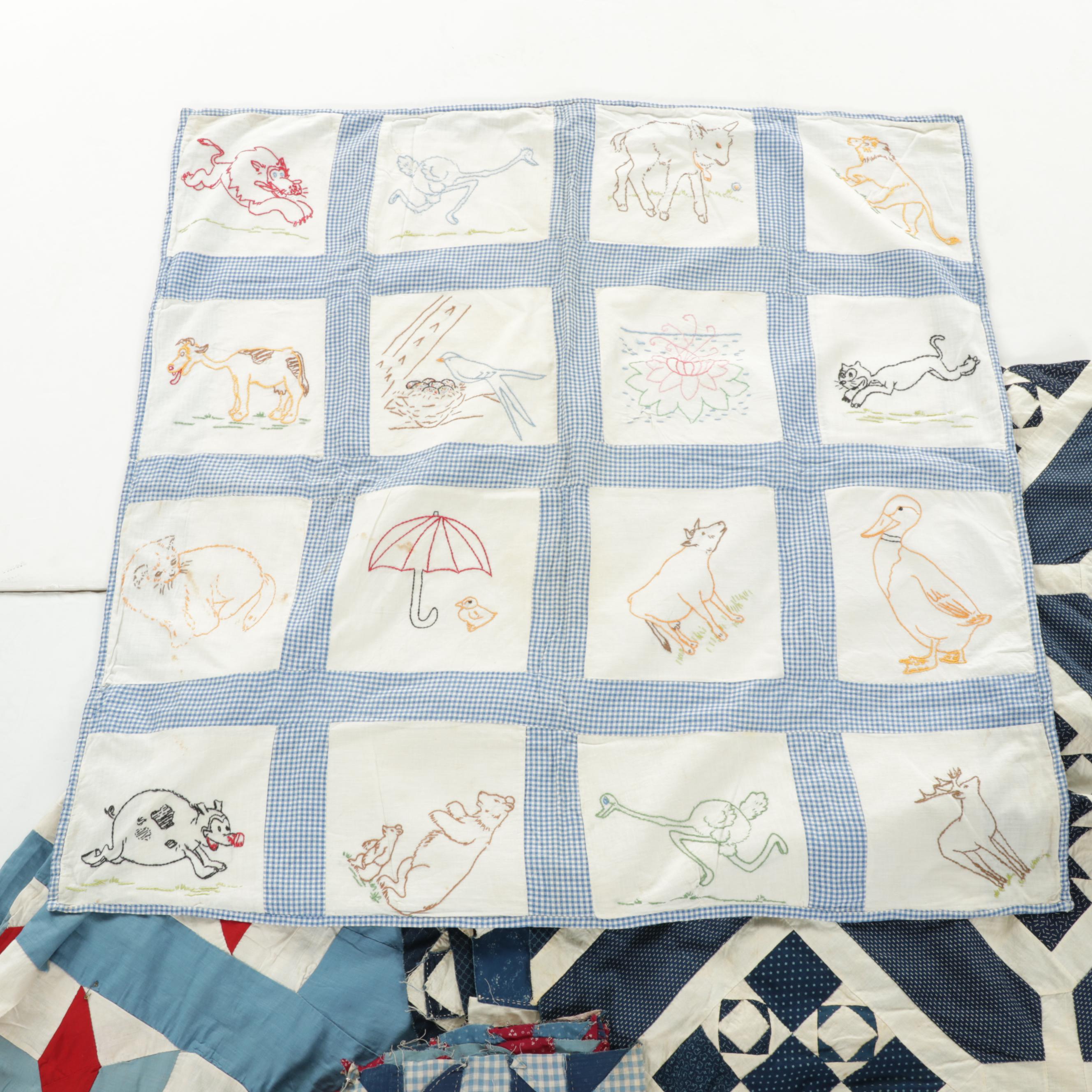 Embroidered Crib Quilt with Hand-Pieced Quilt Tops and Blocks, 20th Century