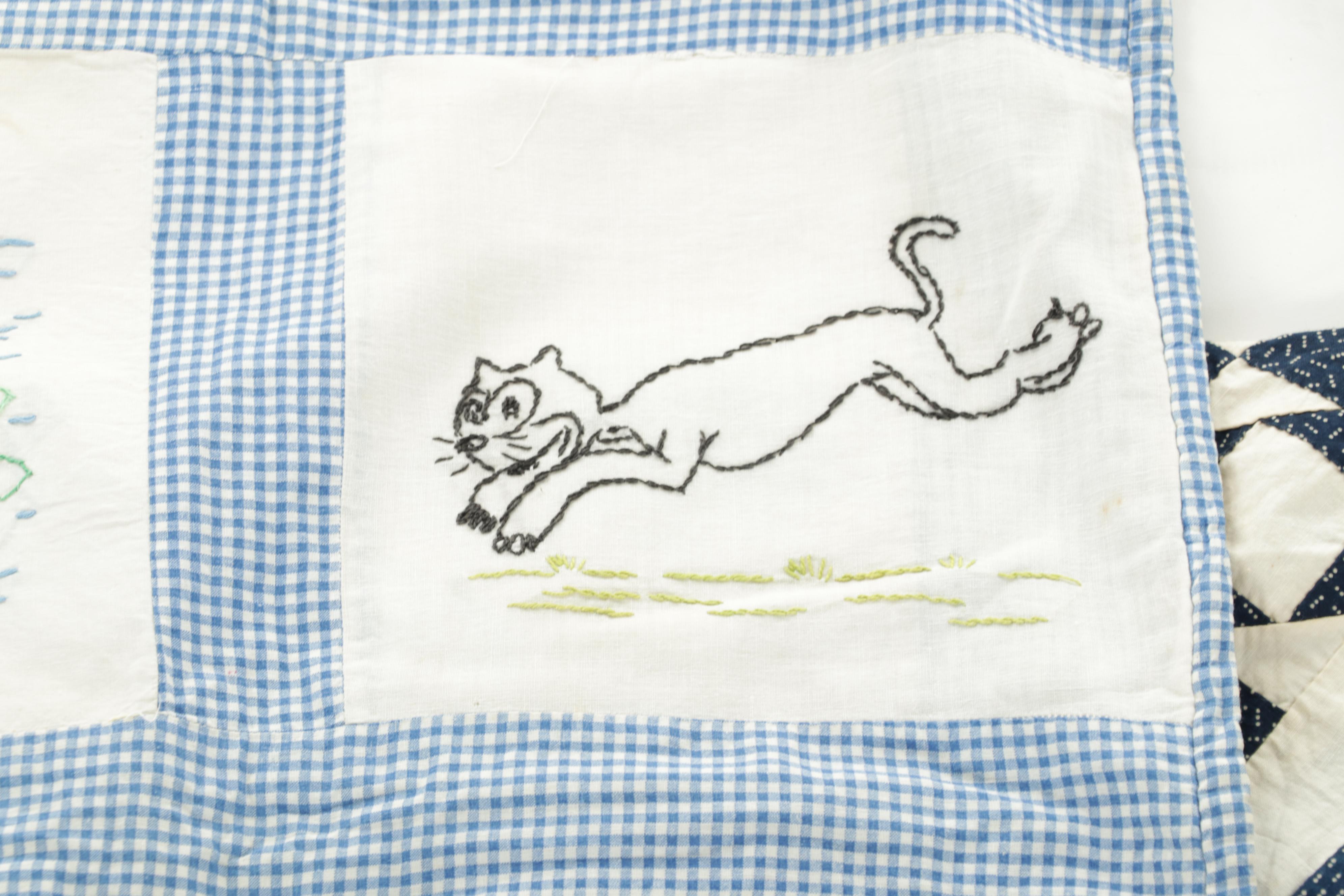 Embroidered Crib Quilt with Hand-Pieced Quilt Tops and Blocks, 20th Century