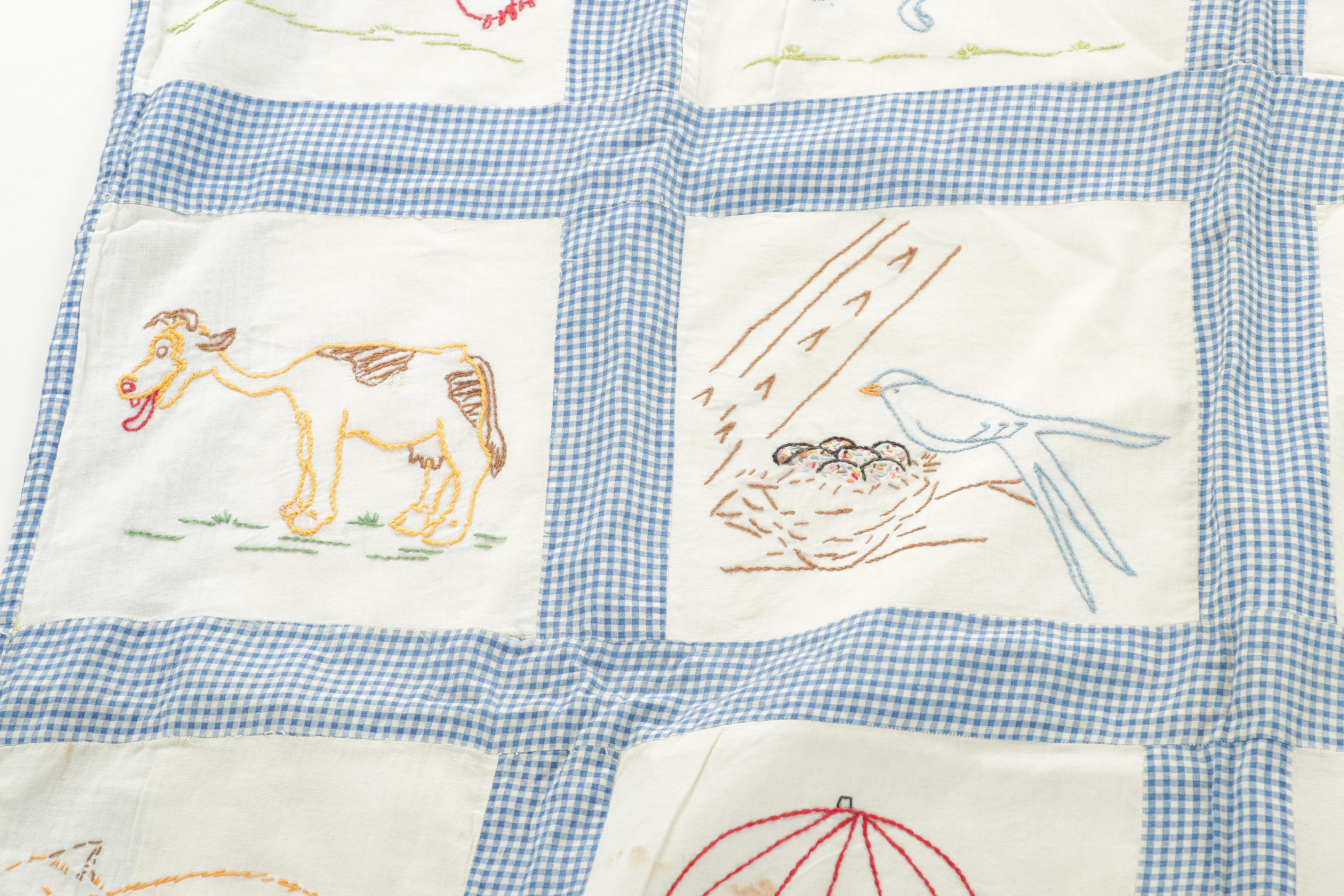 Embroidered Crib Quilt with Hand-Pieced Quilt Tops and Blocks, 20th Century