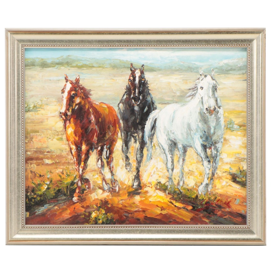 Oil Painting of Wild Horses, Late 20th Century