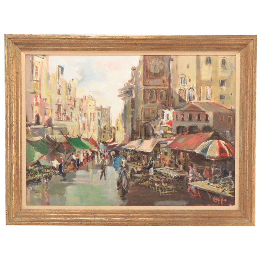 Oil Painting of Market Scene, Late 20th Century