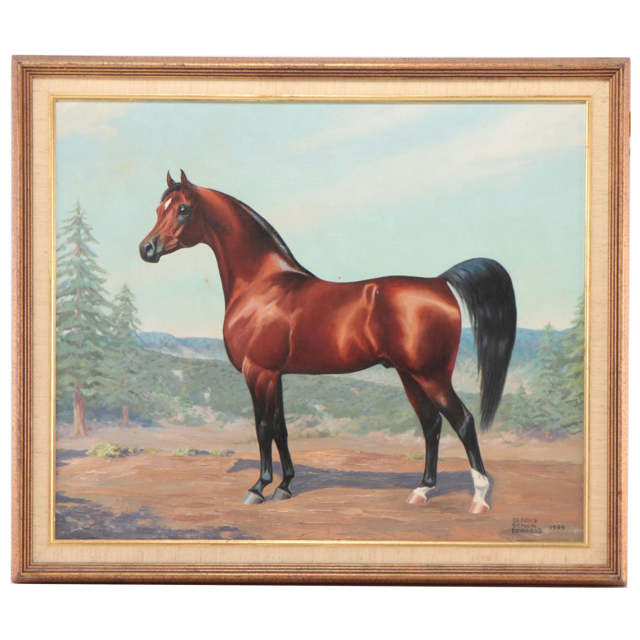 Gladys Brown Edwards Oil Painting of Seal Brown Horse, 1969