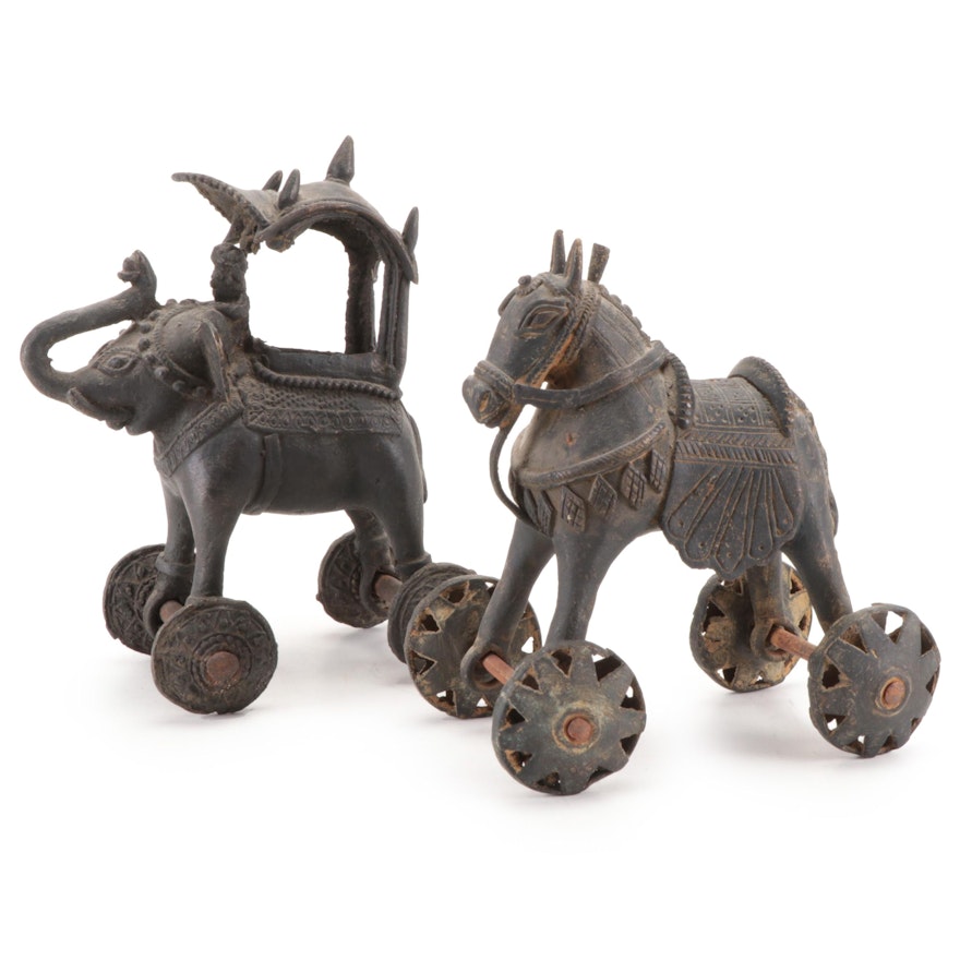Indian Brass Elephant and Horse Temple Toys, 19th Century