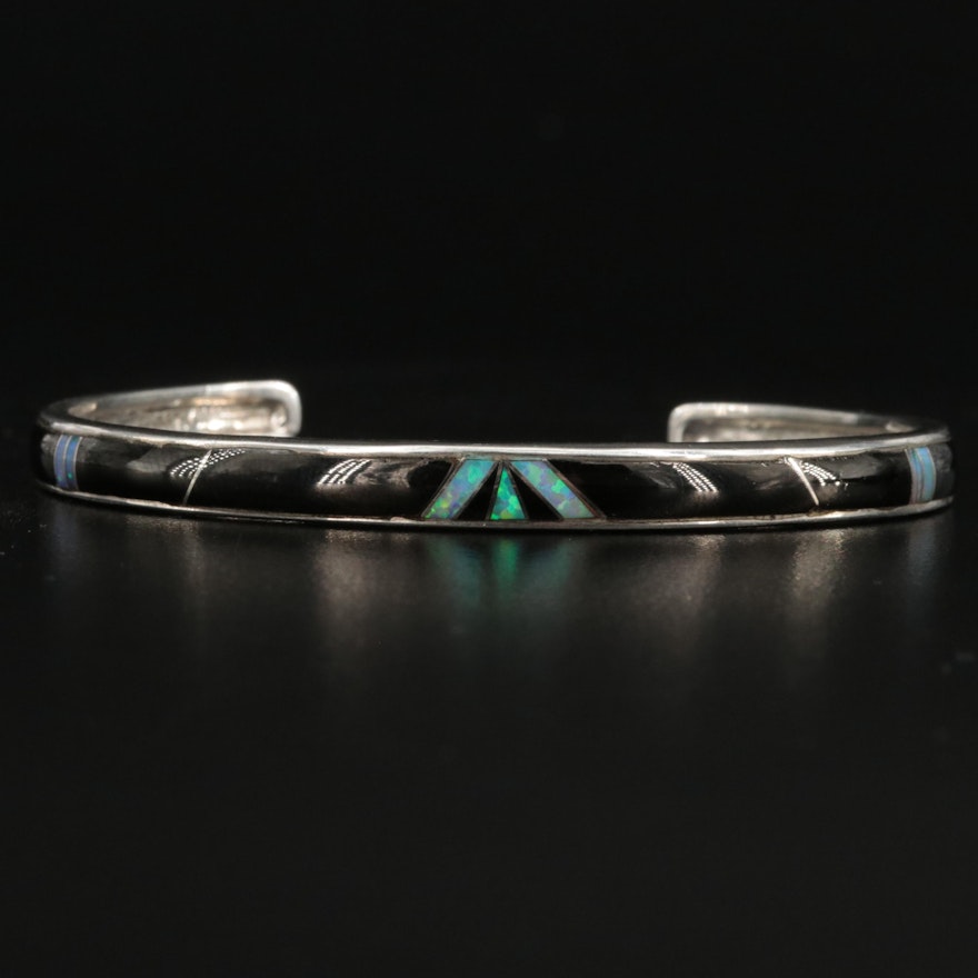Southwestern Sterling Glass and Opal Inlay Cuff