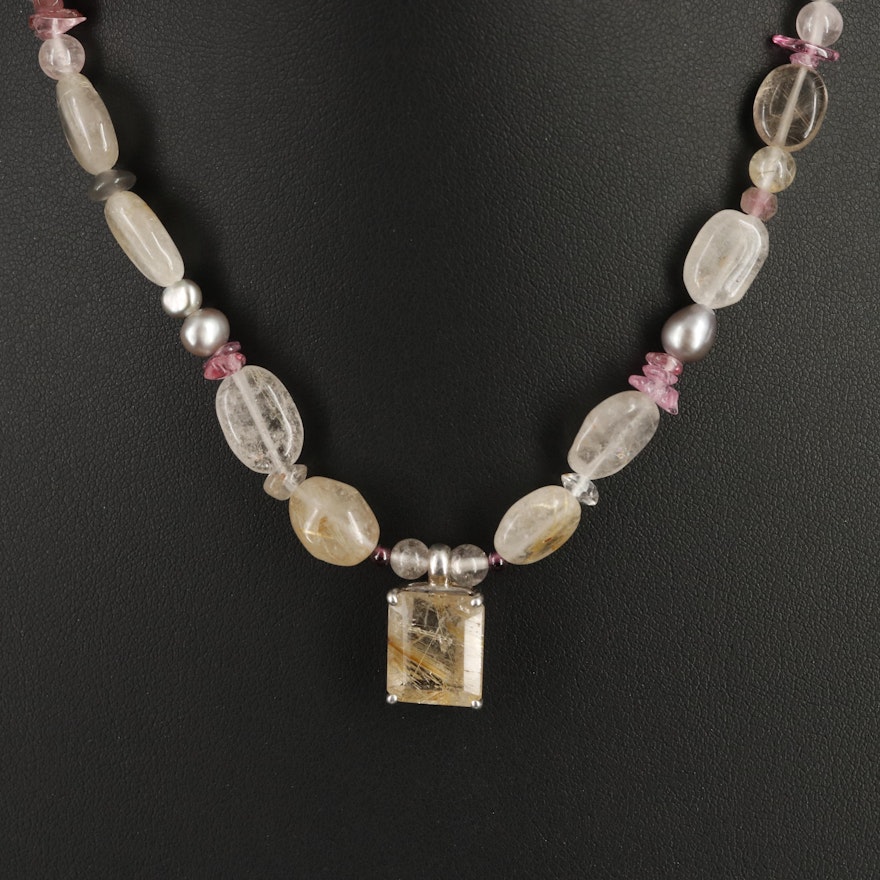 Sterling Necklace Including Rutilated Quartz, Rock Crystal Quartz and Amethyst