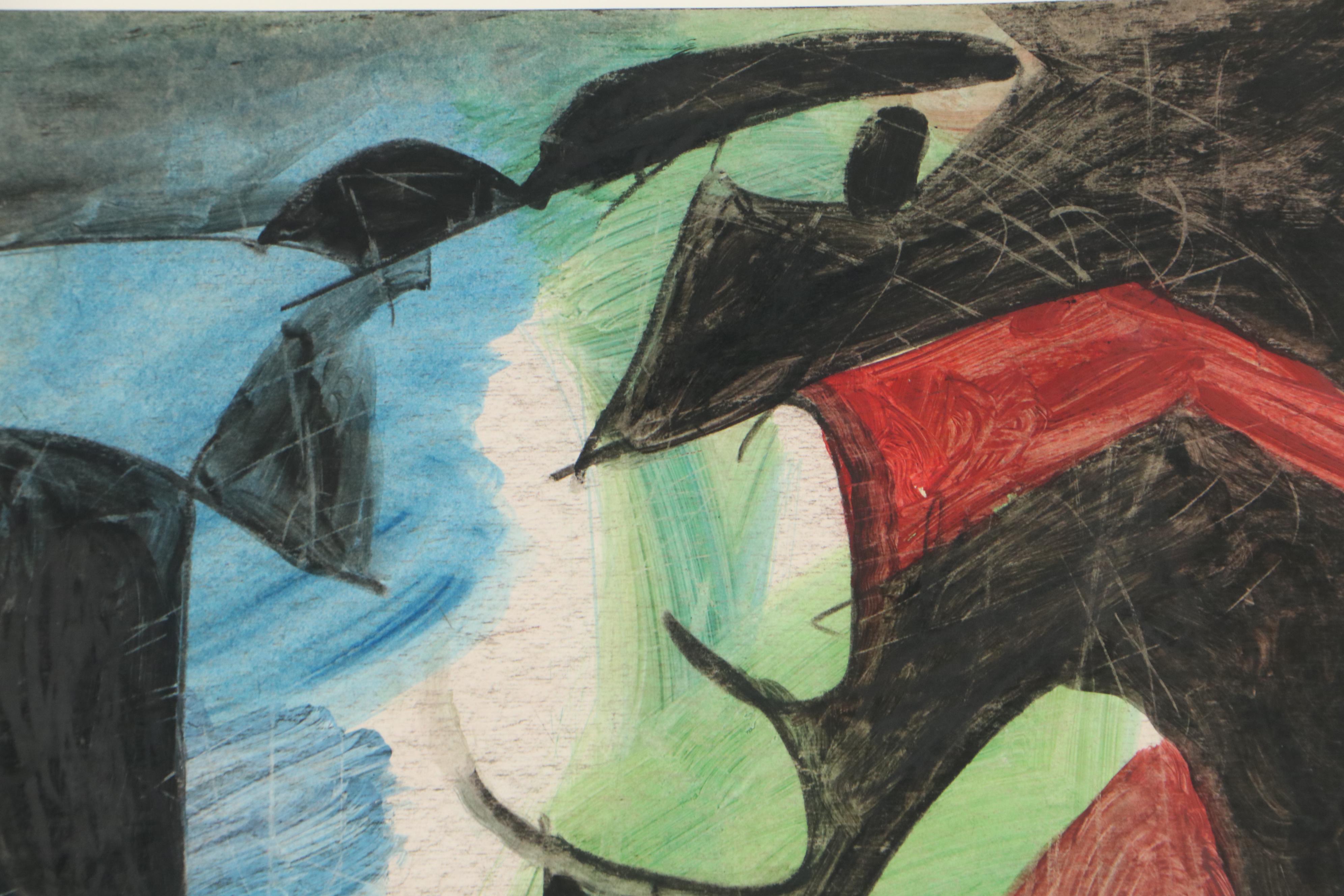 Jens Jensen Abstract Mixed Media Oil Painting "Women Running"