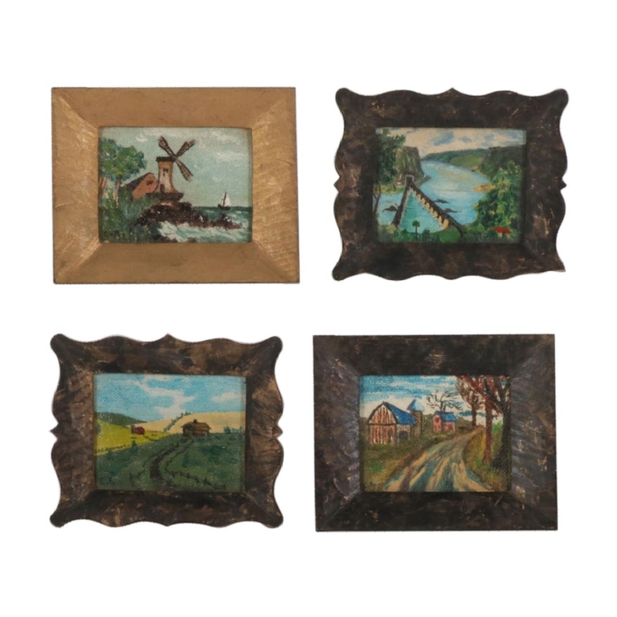 Charles Ford Folk Art Miniature Landscape Oil Paintings, Circa 1954