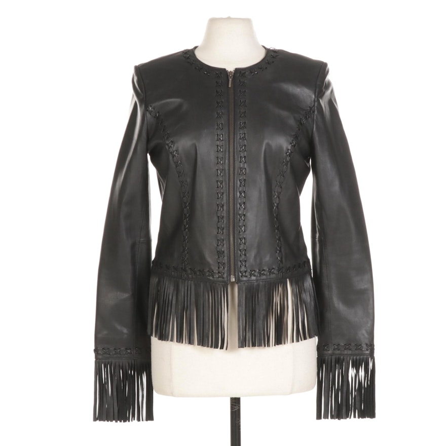 Women's Caché Black Leather Jacket with Fringe Trim