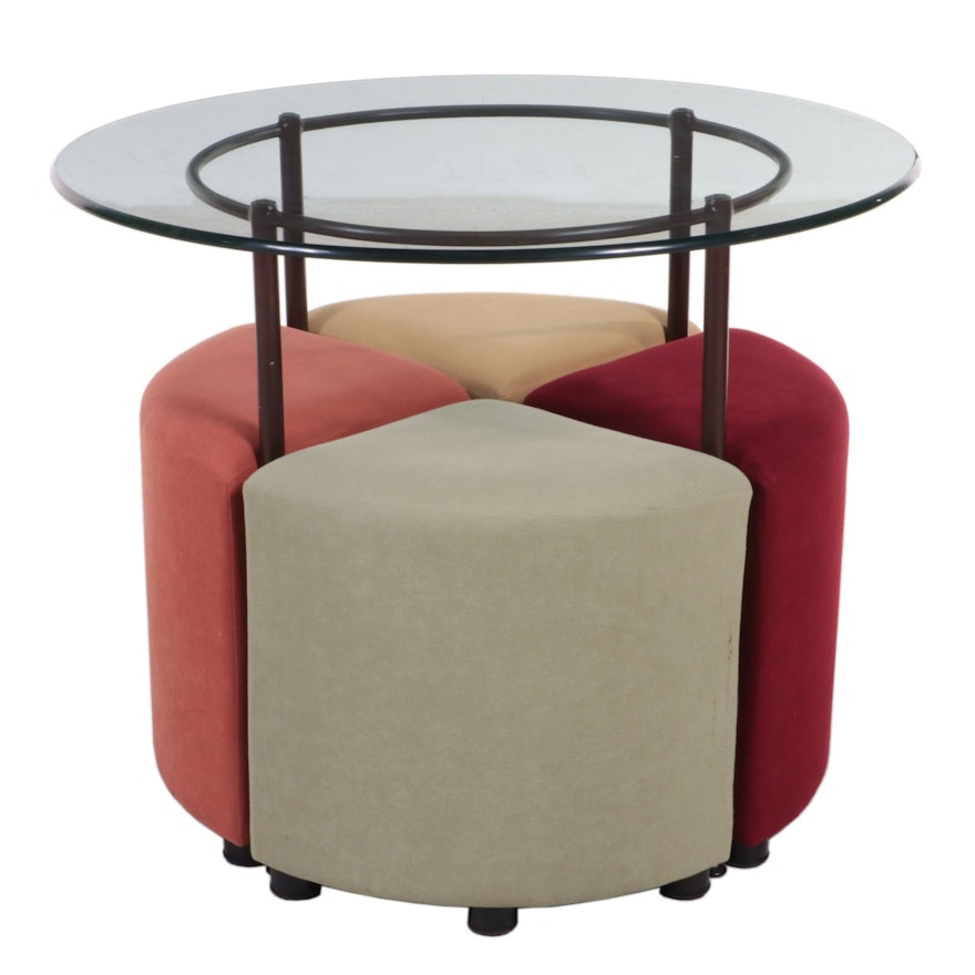 Painted Metal and Glass Top Dining Table with Four Upholstered Stools