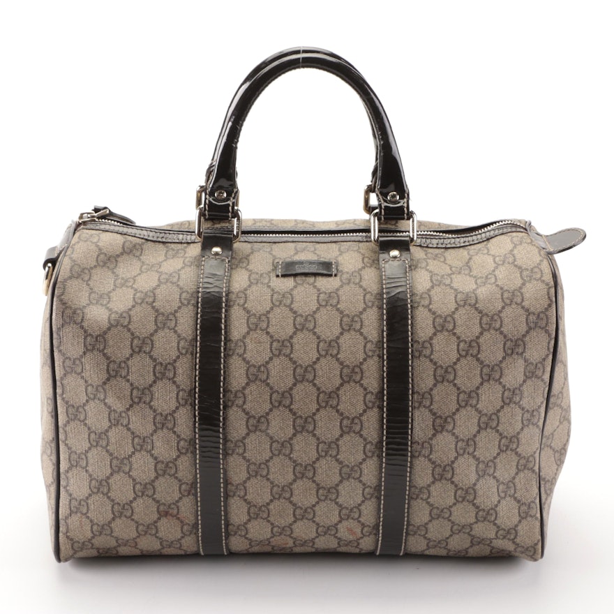 Gucci Joy Boston Bag in GG Coated Canvas and Black Patent Leather
