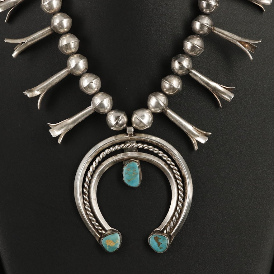 Southwestern Sterling Turquoise Squash Blossom Necklace