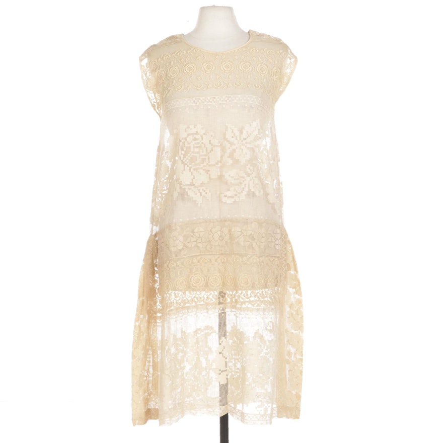 Cream Paneled Lace Drop Waist Sleeveless Dress, 1920s