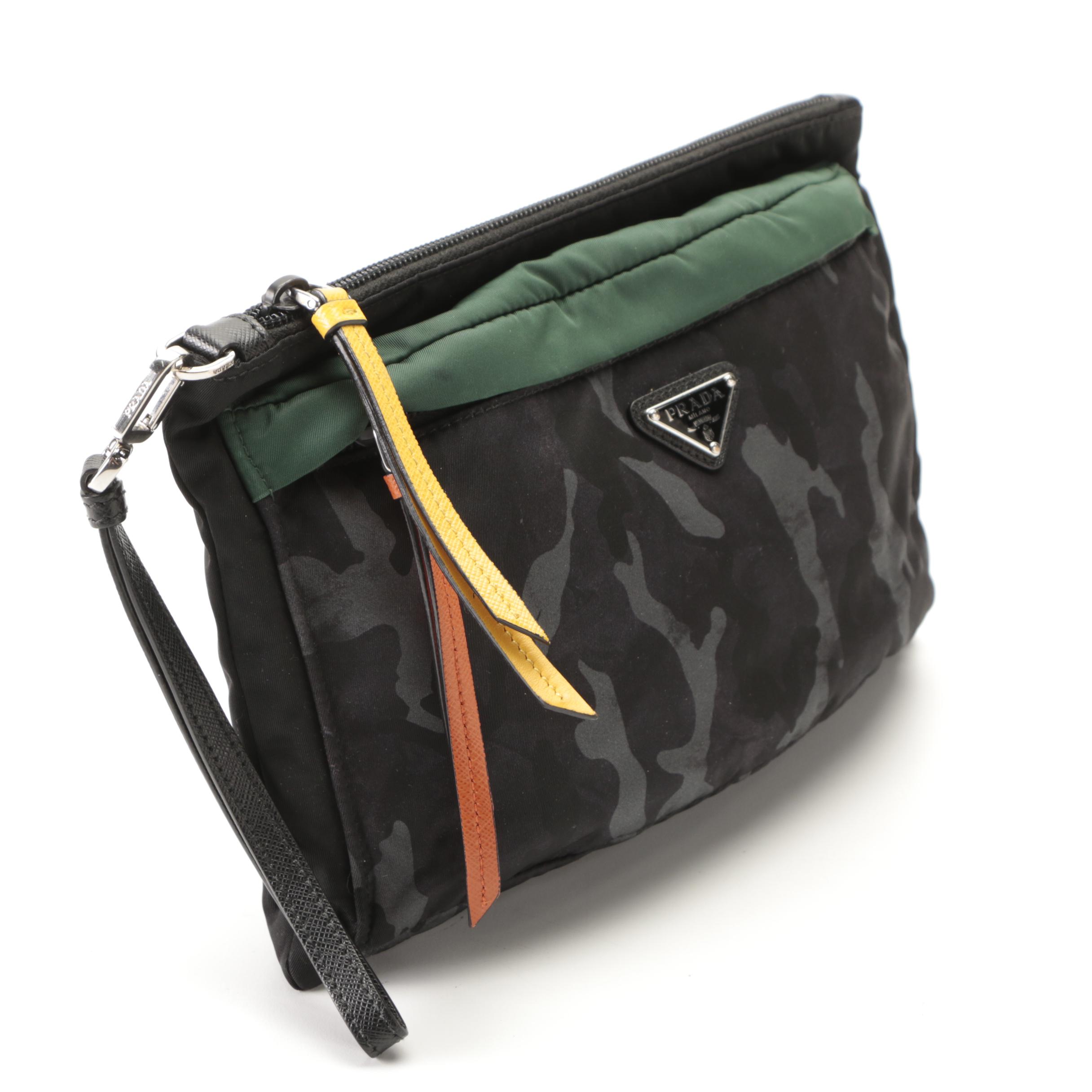 Prada Wristlet in Black, Camouflage, and Green Tessuto Nylon