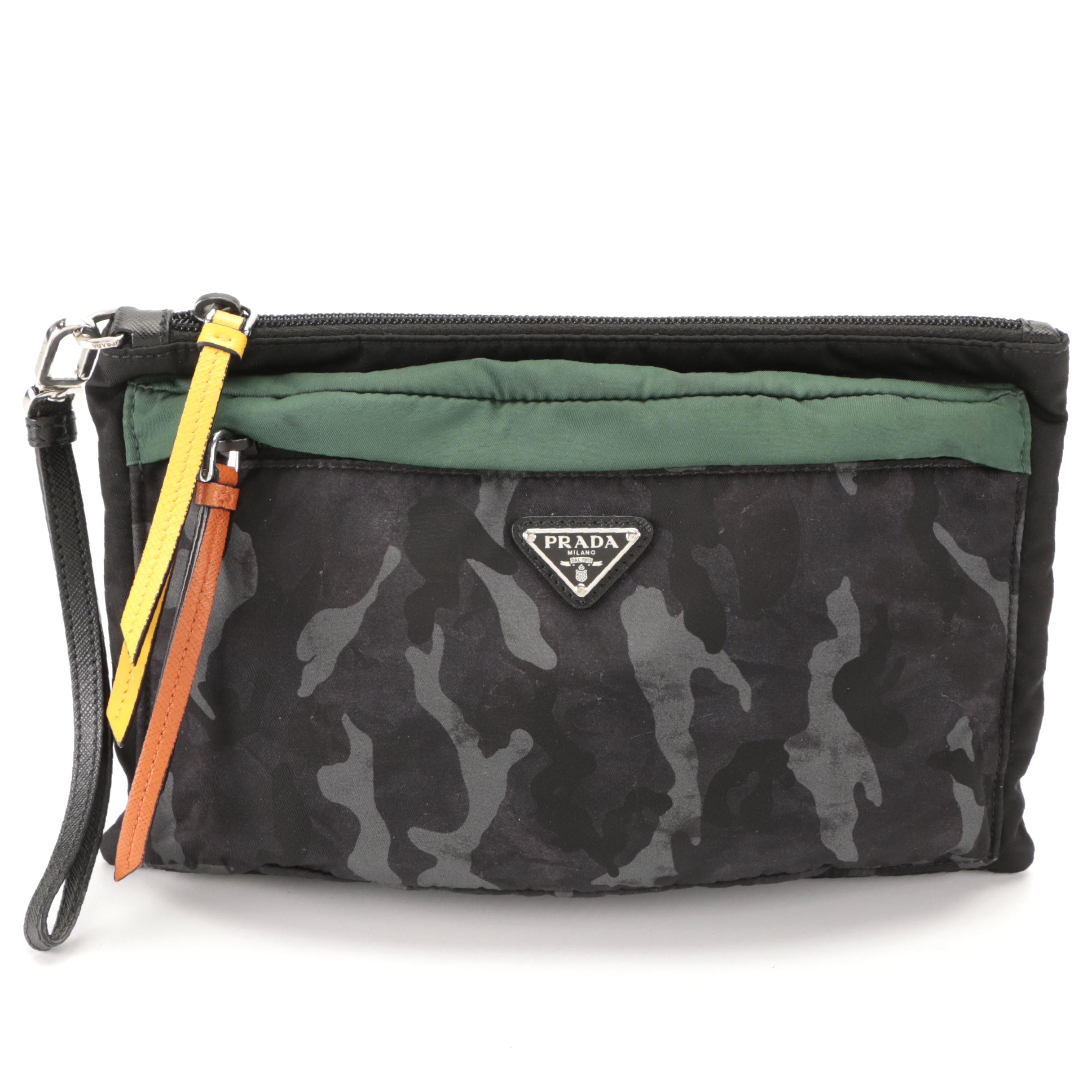 Prada Wristlet in Black, Camouflage, and Green Tessuto Nylon