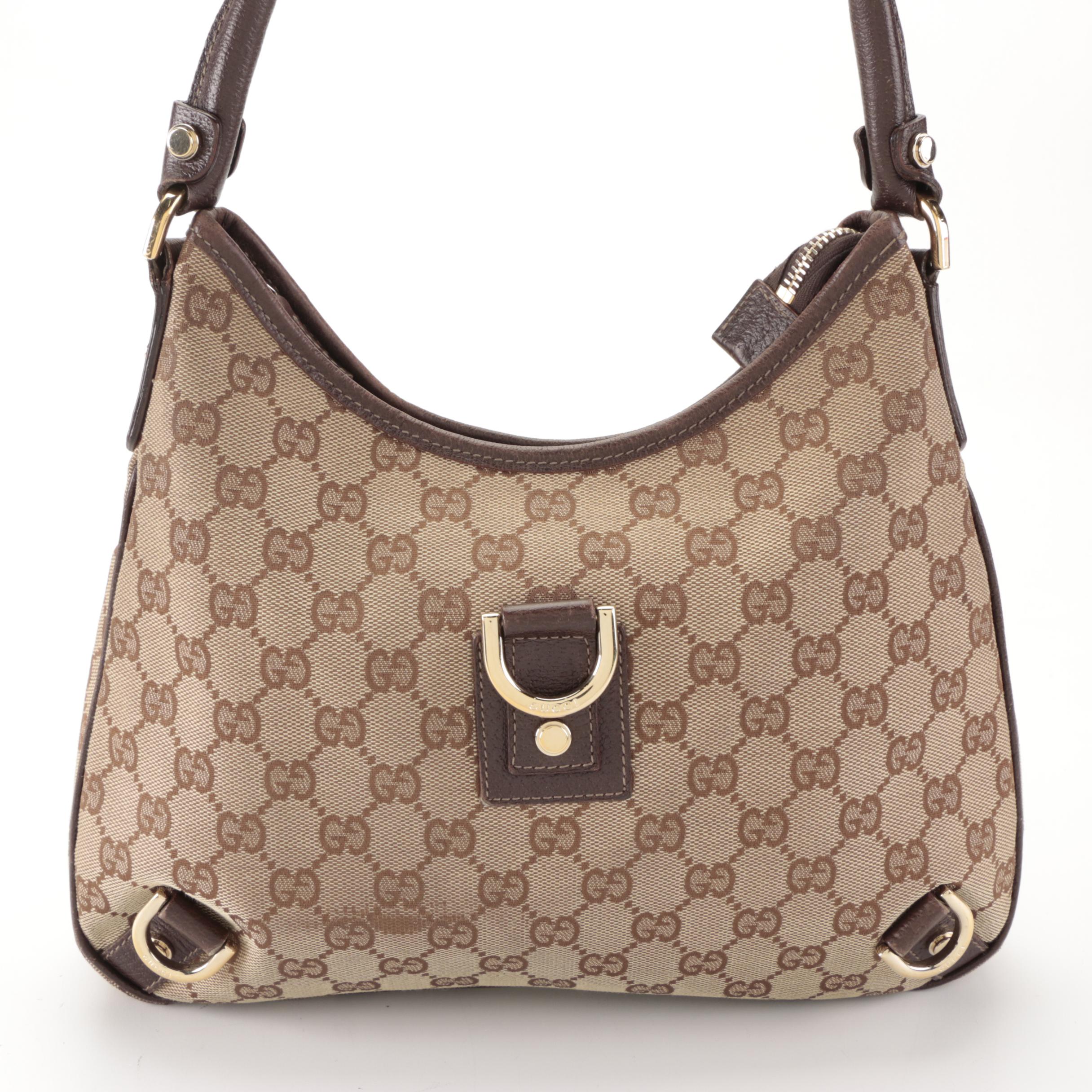 Gucci Abbey D-Ring Small Shoulder Bag in GG Canvas and Brown Leather