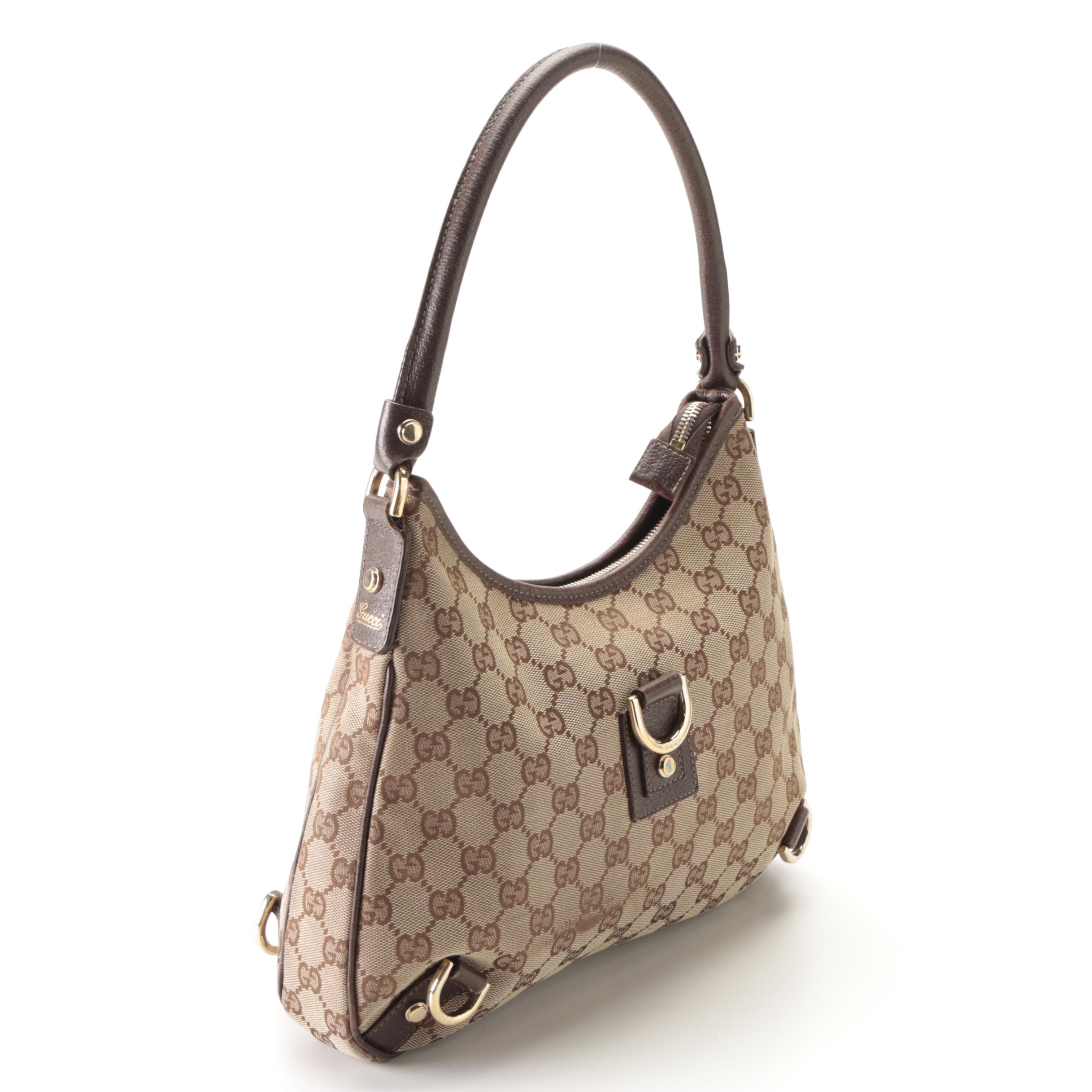 Gucci Abbey D-Ring Small Shoulder Bag in GG Canvas and Brown Leather