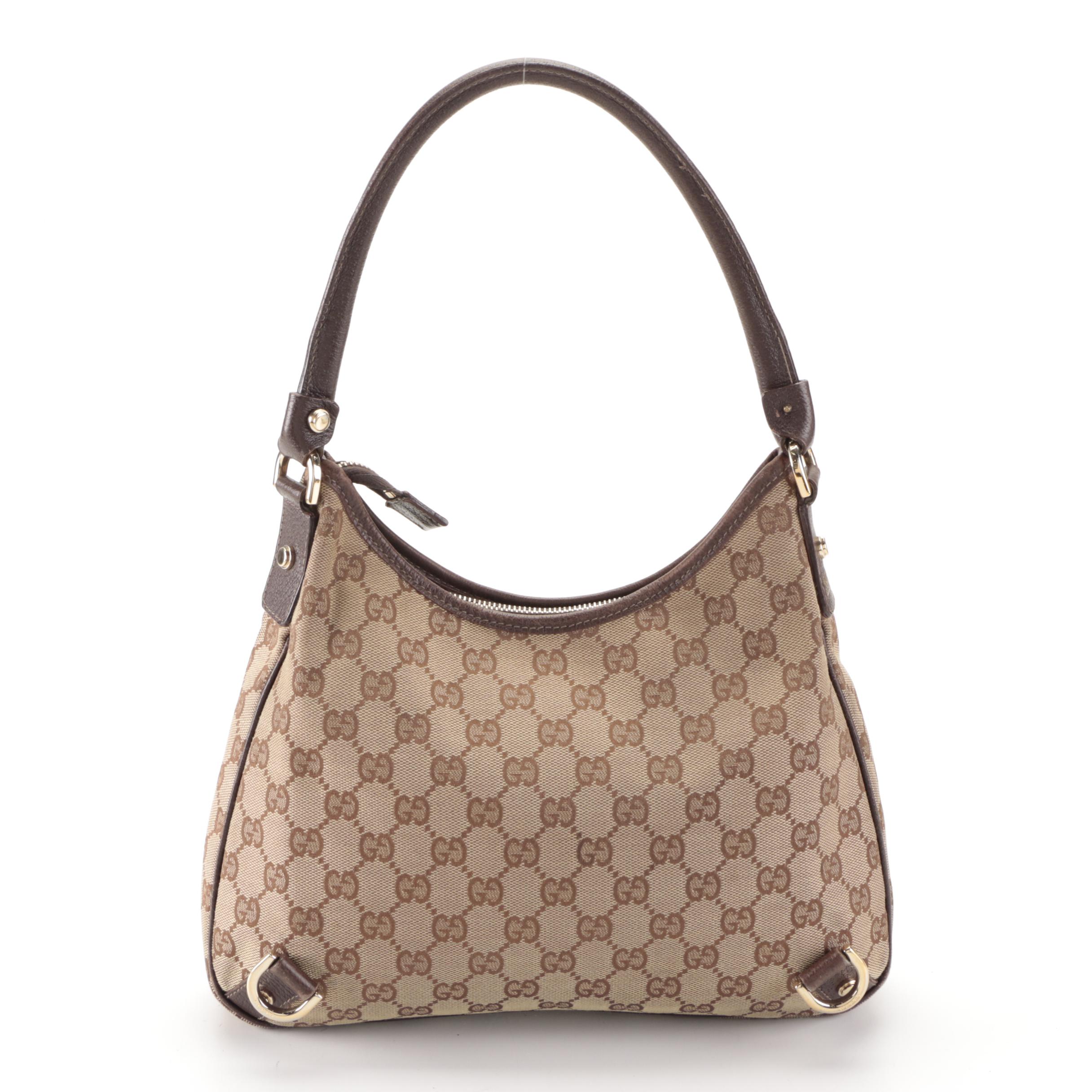 Gucci Abbey D-Ring Small Shoulder Bag in GG Canvas and Brown Leather