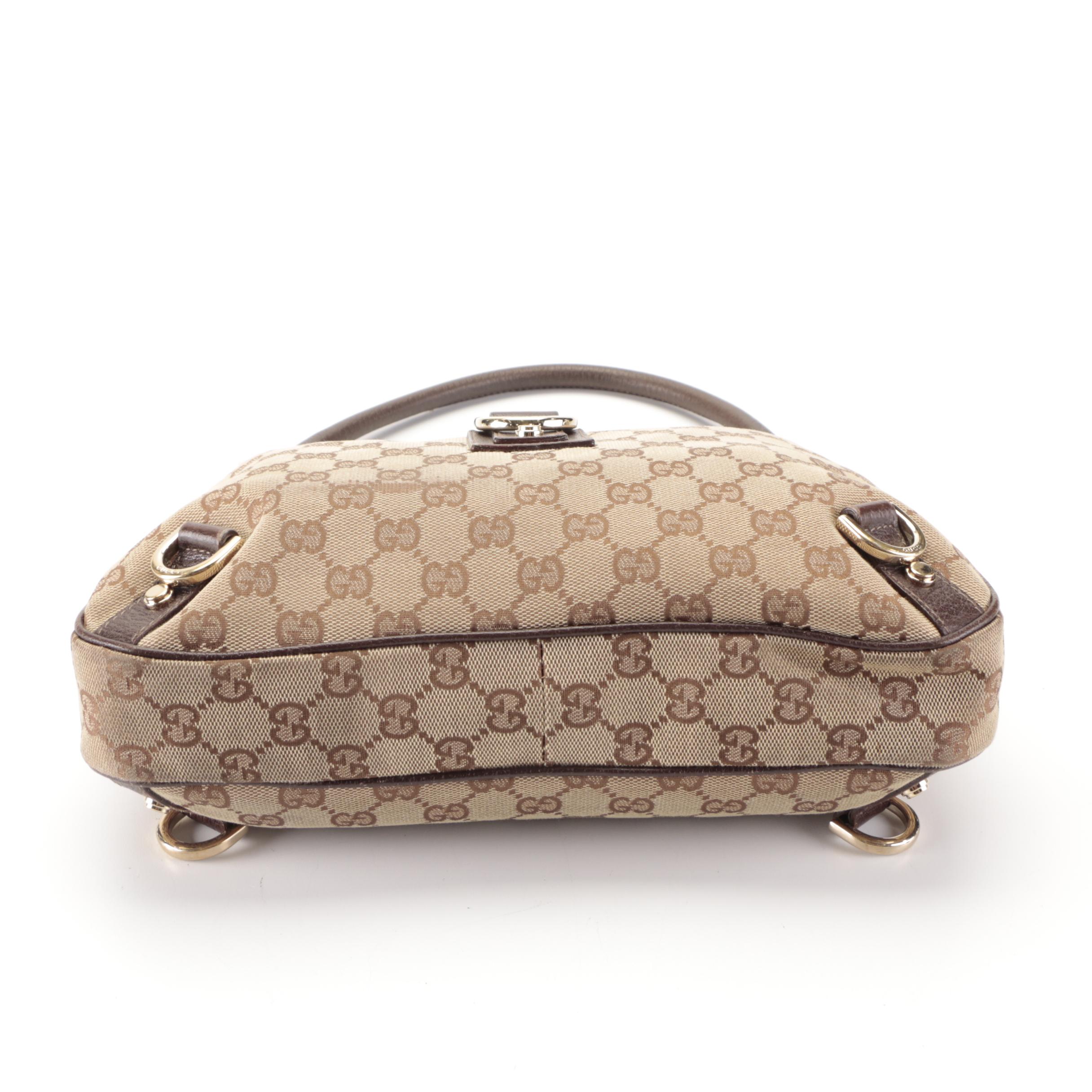 Gucci Abbey D-Ring Small Shoulder Bag in GG Canvas and Brown Leather