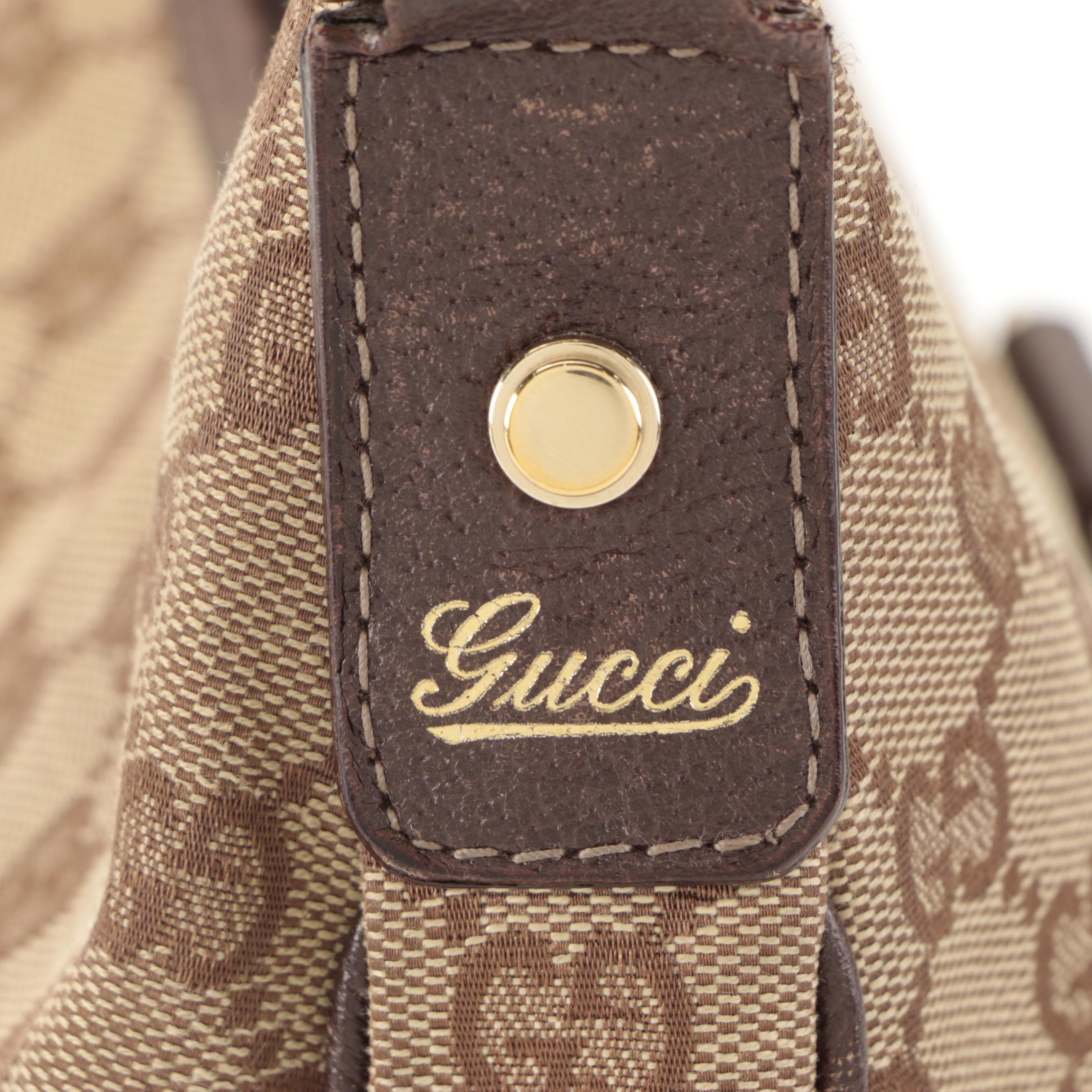 Gucci Abbey D-Ring Small Shoulder Bag in GG Canvas and Brown Leather