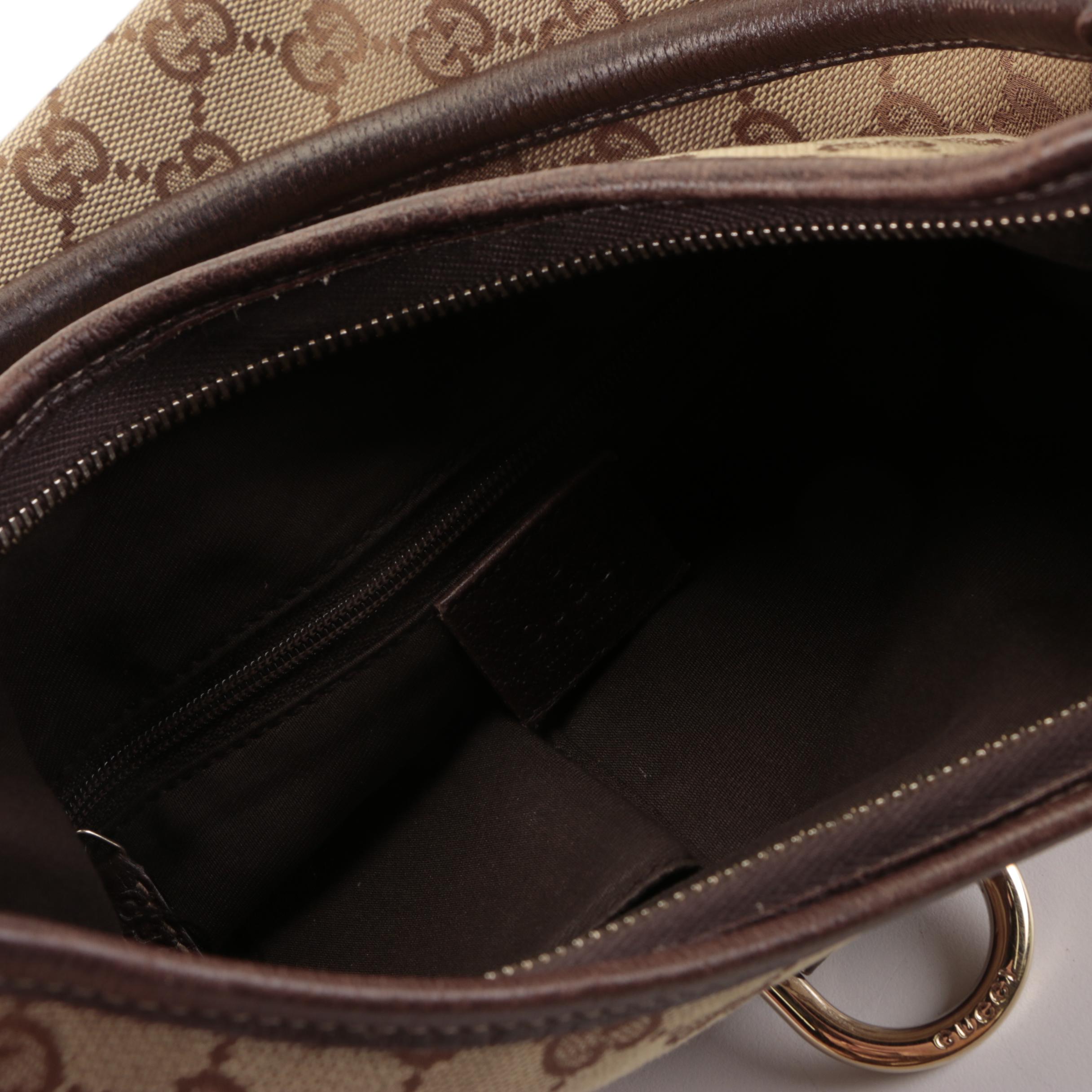 Gucci Abbey D-Ring Small Shoulder Bag in GG Canvas and Brown Leather