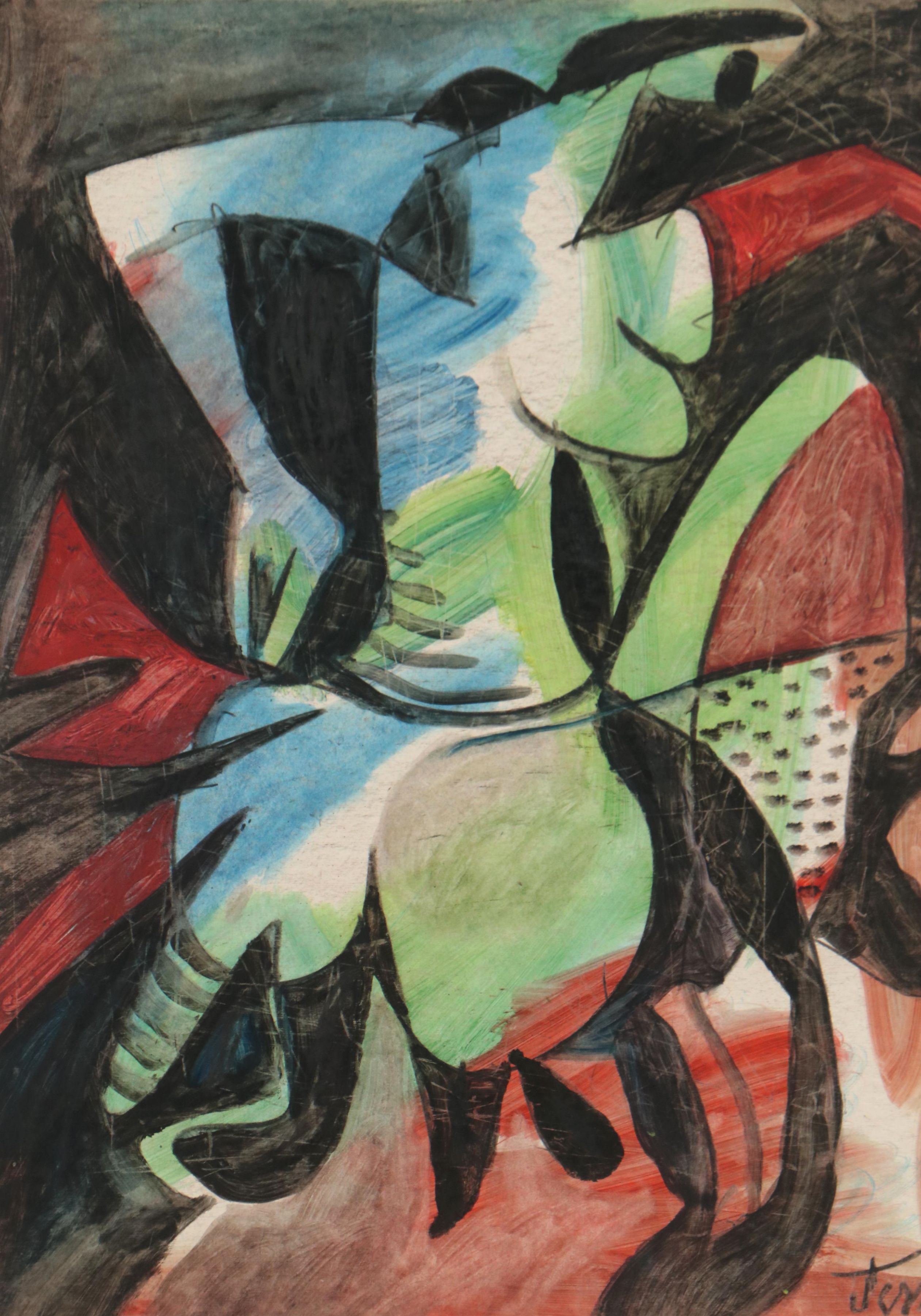 Jens Jensen Abstract Mixed Media Oil Painting "Women Running"