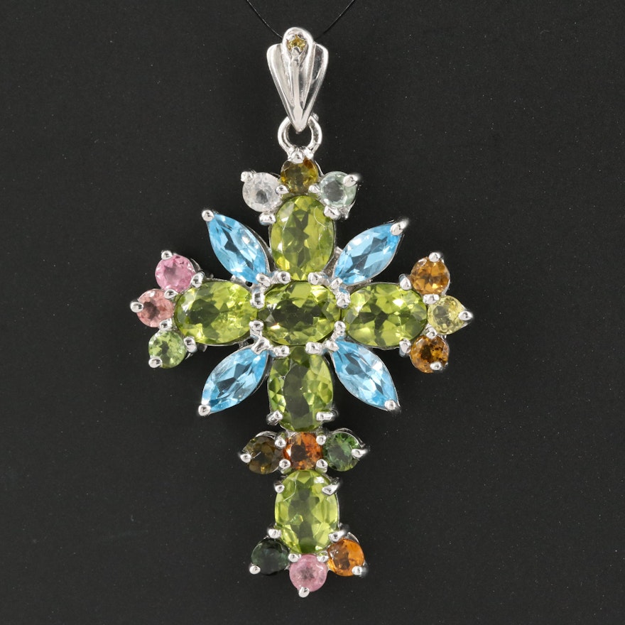 Sterling Cross Pendant Including Peridot, Topaz and Tourmaline