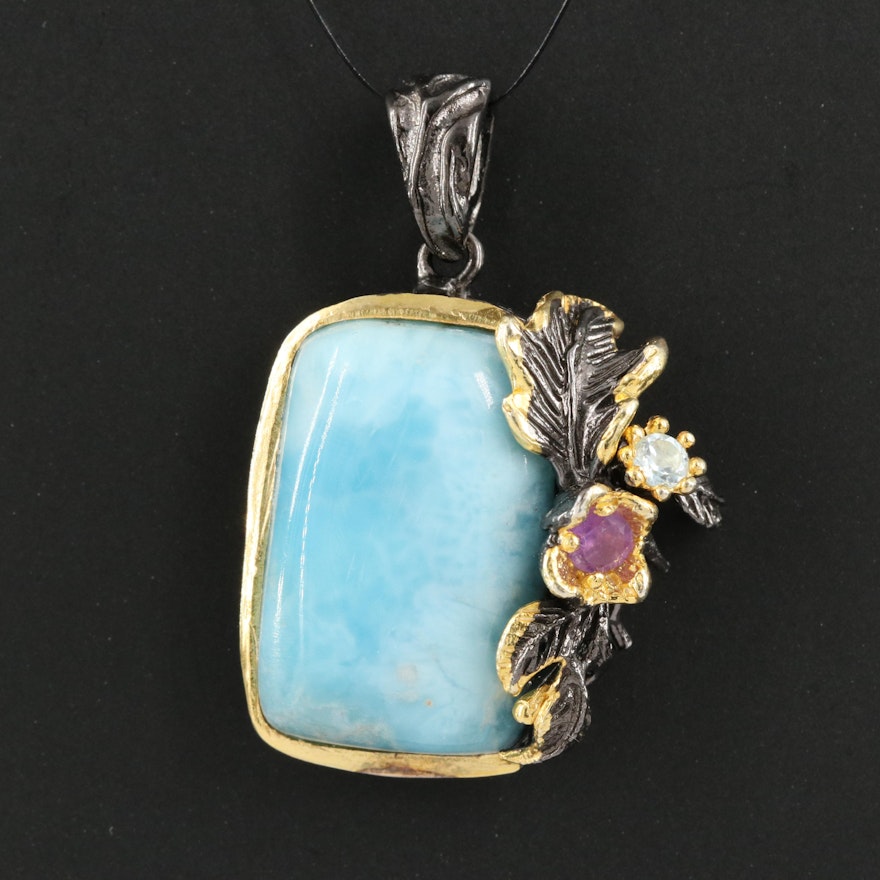 Sterling Larimar, Topaz and Amethyst Floral Pendant