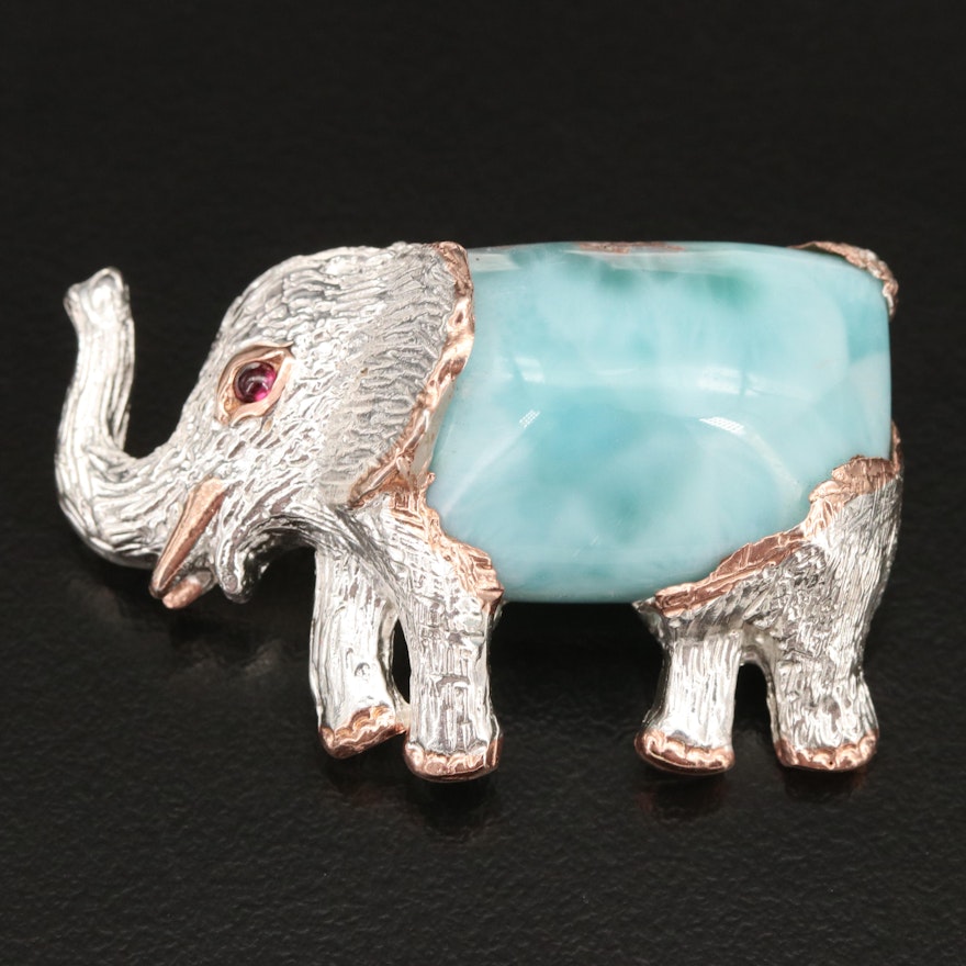 Sterling Elephant Brooch with Larimar and Garnet