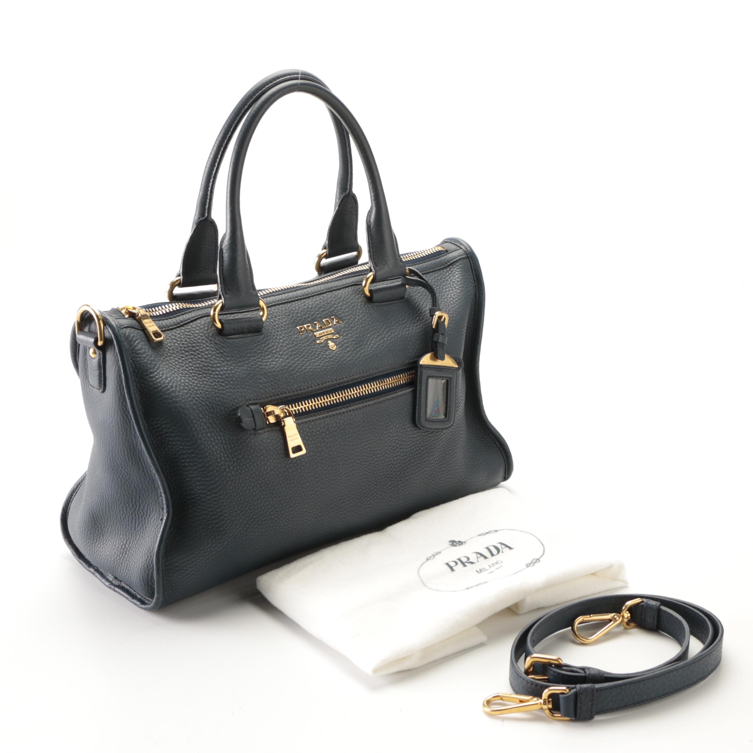 Prada Medium Bauletto Bag in Dark Blue Deerskin Leather with Detachable Strap
