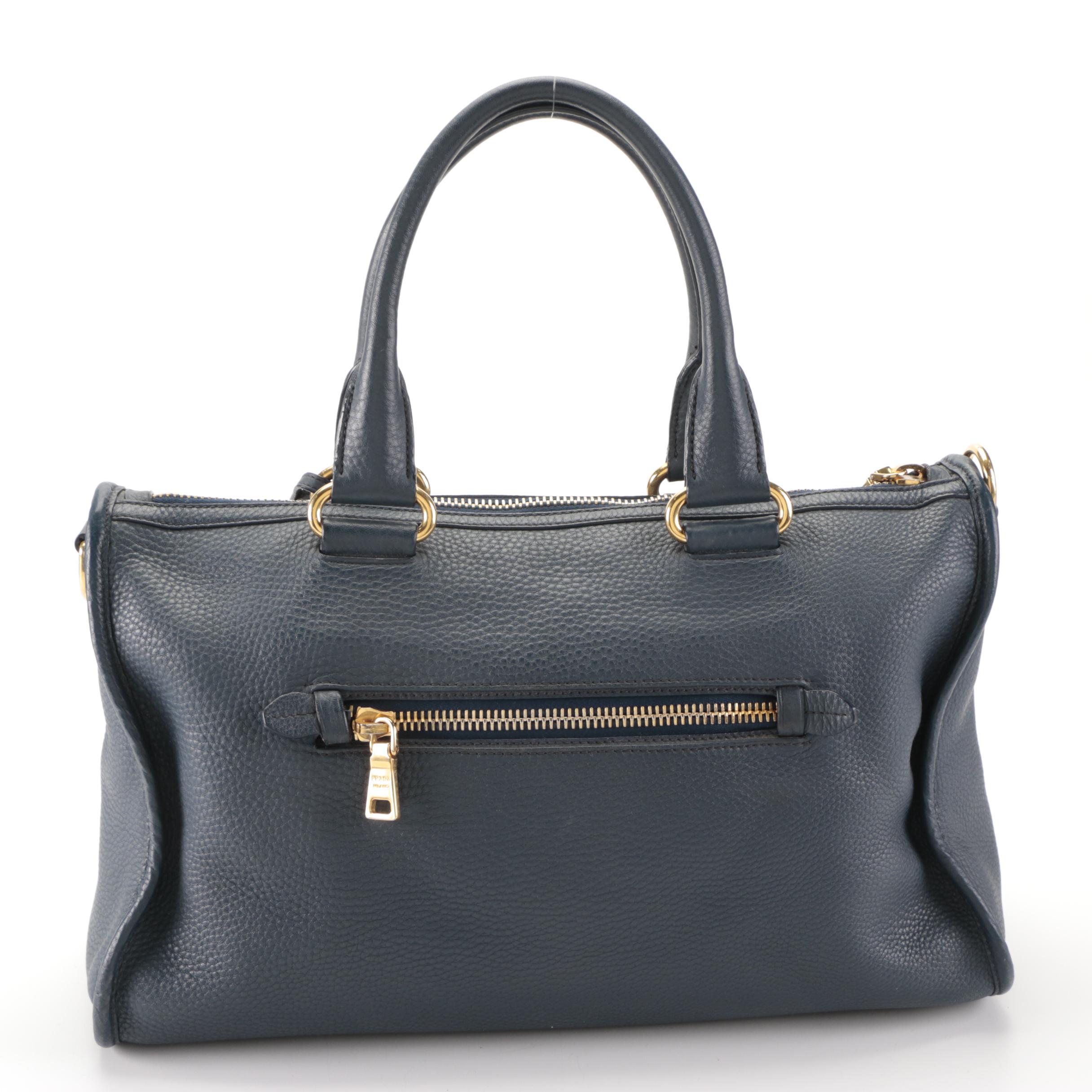 Prada Medium Bauletto Bag in Dark Blue Deerskin Leather with Detachable Strap