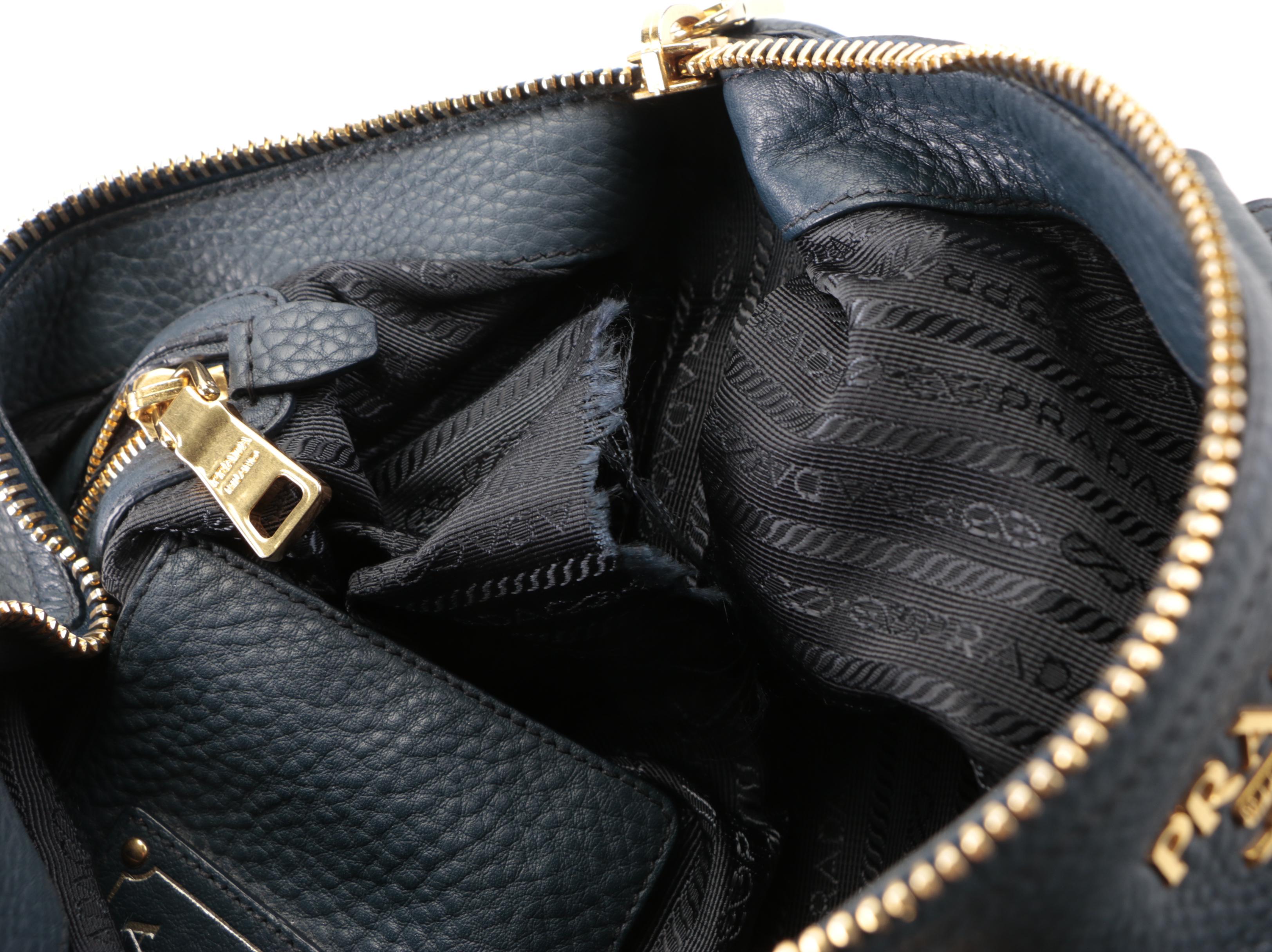 Prada Medium Bauletto Bag in Dark Blue Deerskin Leather with Detachable Strap