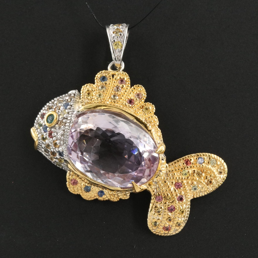 Sterling Amethyst and Sapphire Fish Pendant