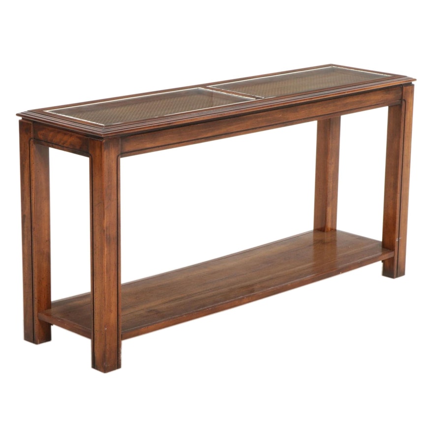 Oak-Grained, Wicker and Glass Inset Two-Tier Console Table