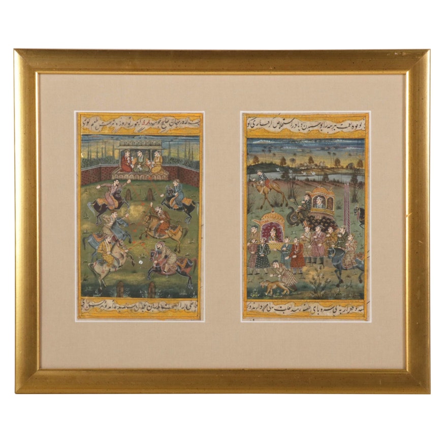 Mughal Manuscript Page Gouache and Ink Paintings of Polo Game and Procession