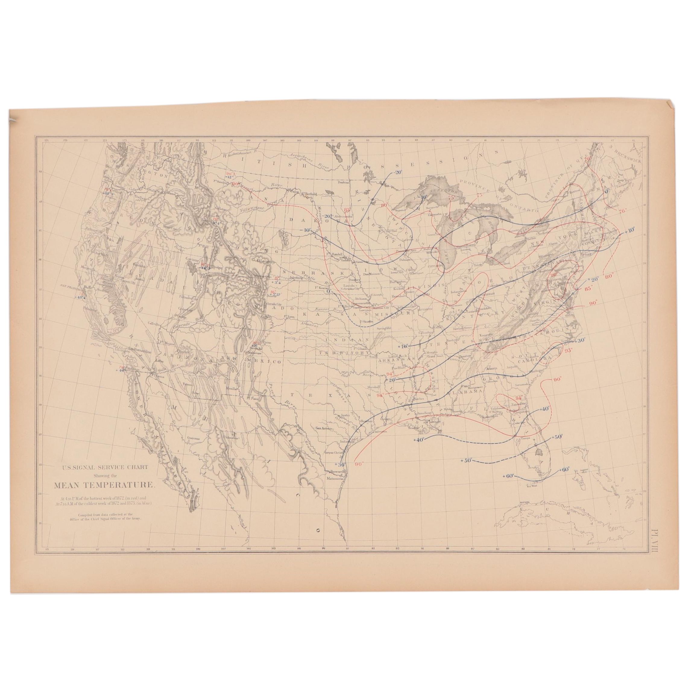 Francis Amasa Walker Color Lithograph of Climate Map, 1874