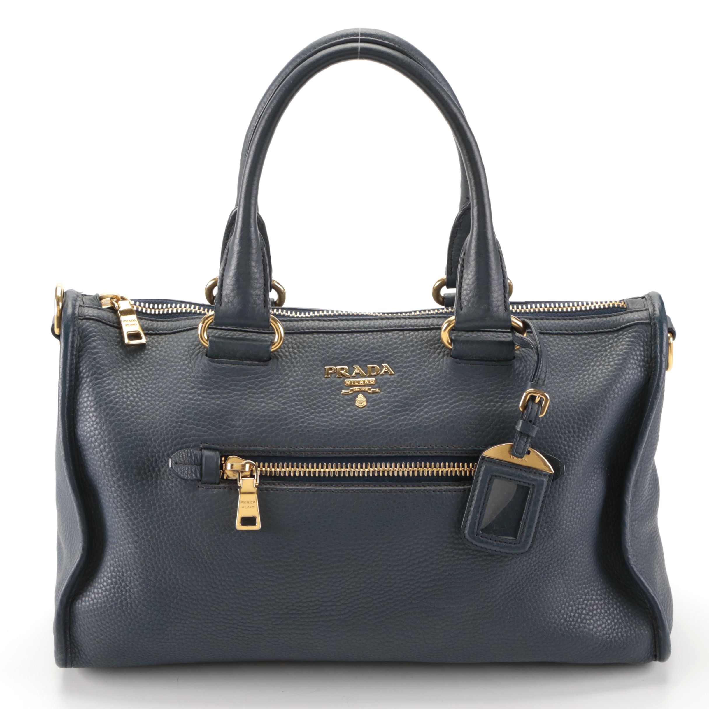 Prada Medium Bauletto Bag in Dark Blue Deerskin Leather with Detachable Strap