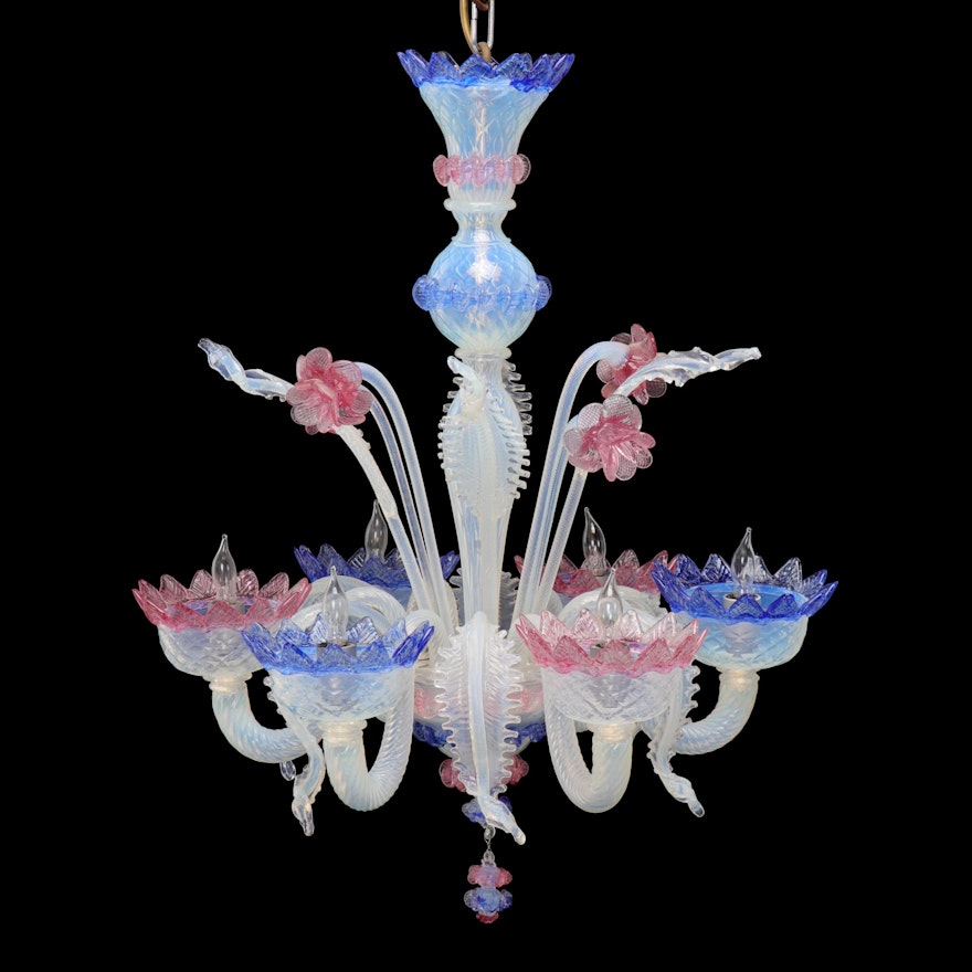 Venetian Blown Glass Opalescent, Pink and Blue Floral and Foliate Chandelier