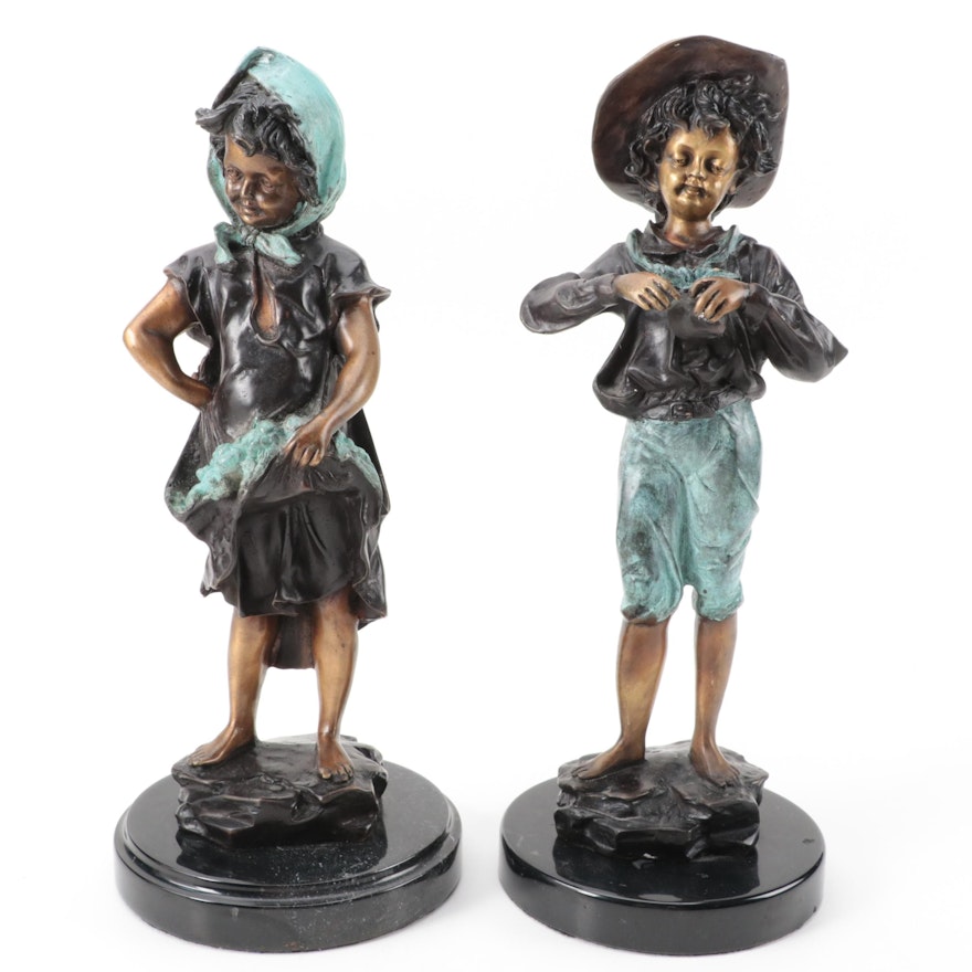 Bronze Harvester Figurines with Forced Verdigris and Polished Accents