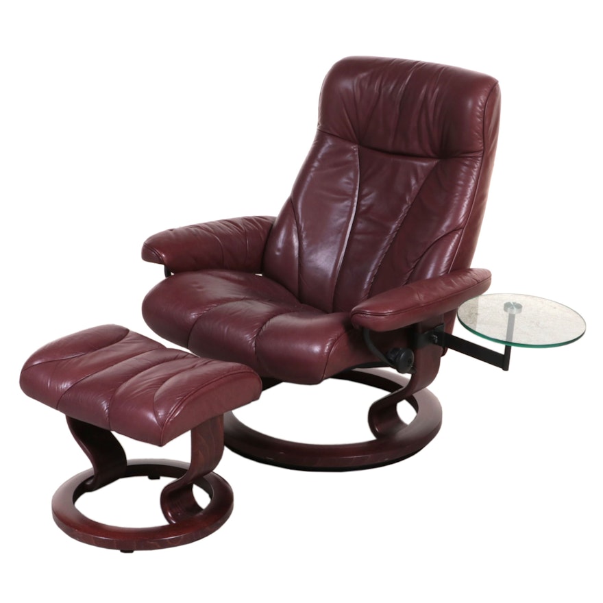 Ekornes "Stressless" Leather Upholstered Recliner and Ottoman with Table