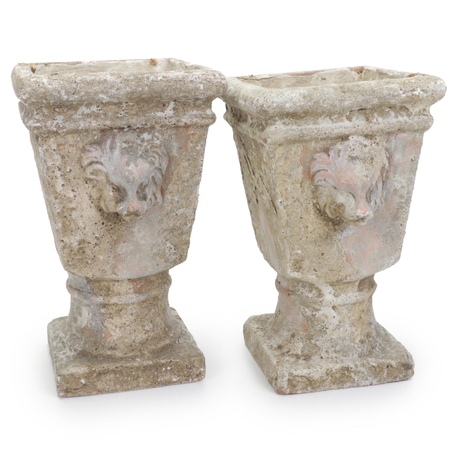 Pair of Composite Lion Bust Planters