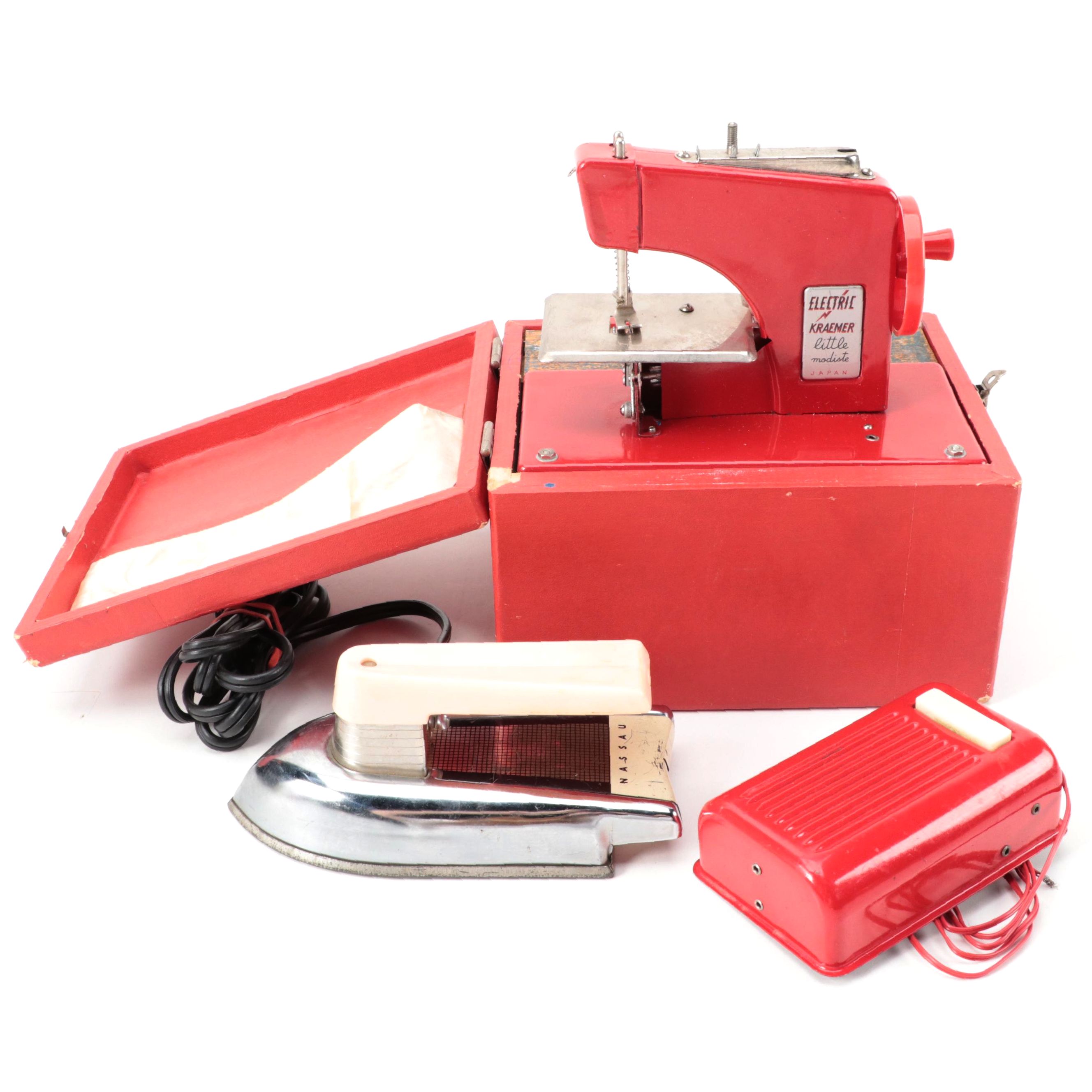 Electric Kraemer and Nassau Toy Sewing Machine and Iron, Mid-20th C.