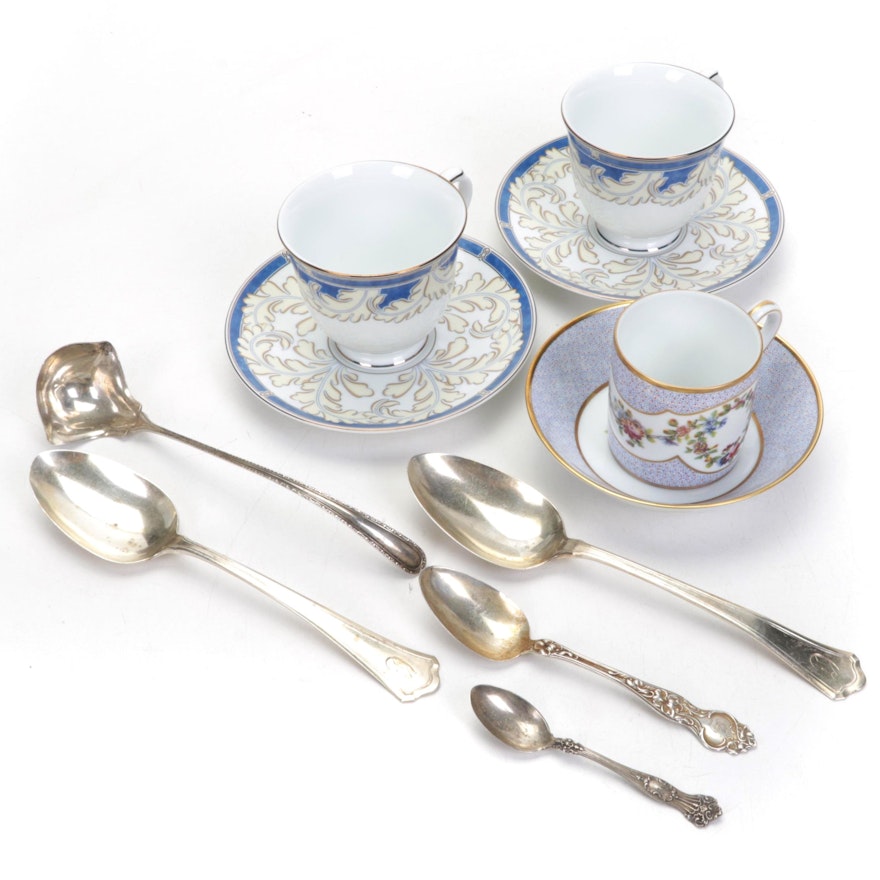 Christofle and Other Limoges Demitasse Cups with Sterling Silver Spoons