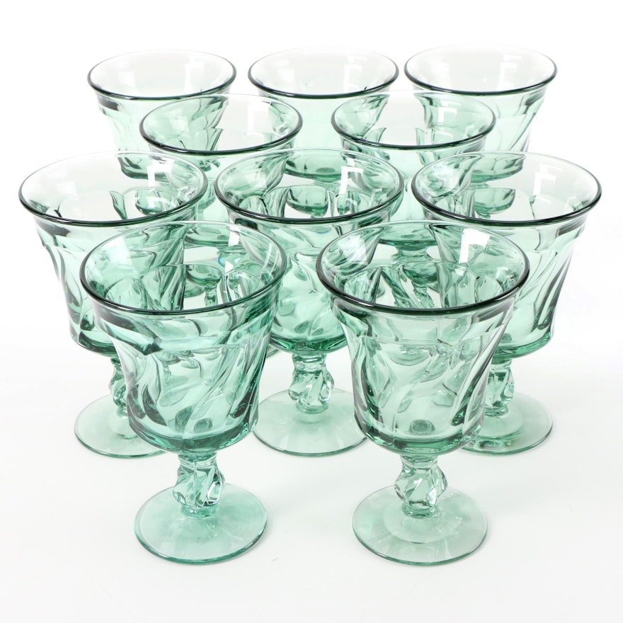 Fostoria "Jamestown" Green Pressed Glass Water Goblets, 1958–1974