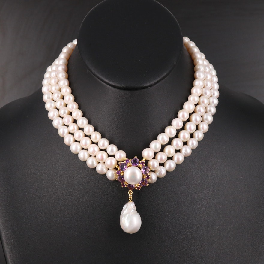 Sterling Pearl and Amethyst Festoon Necklace